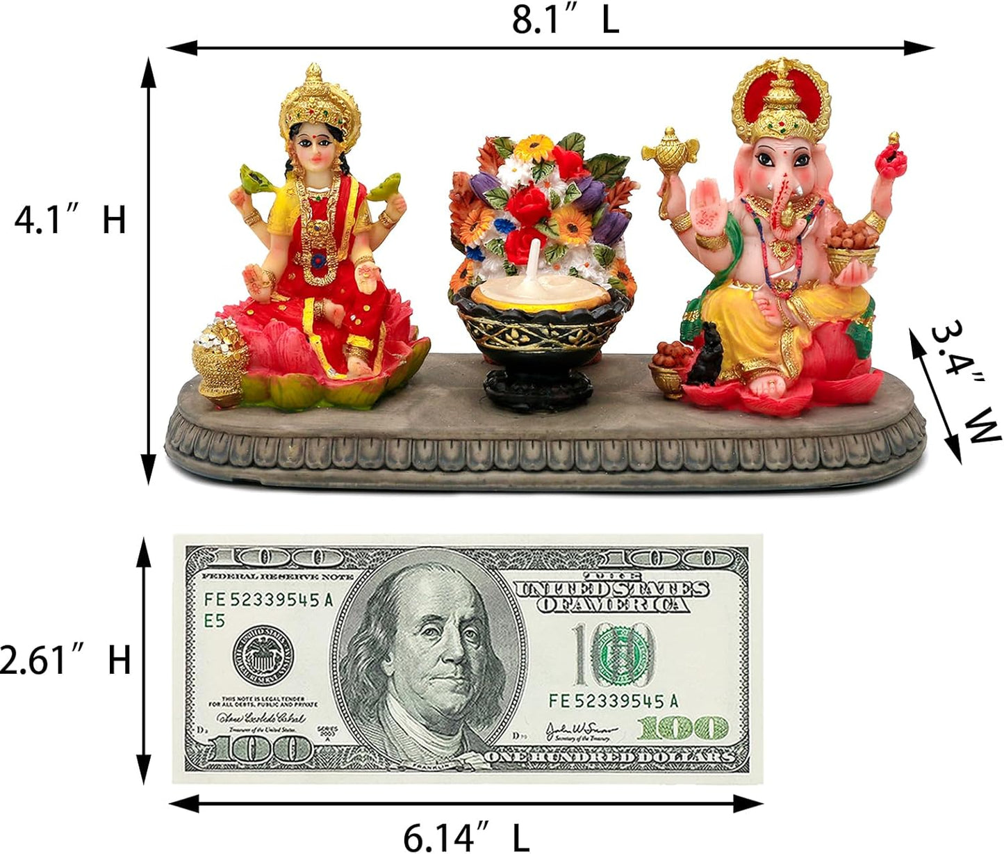 Indian God Ganesha Lakshmi Statue - 8.1”L Hindu God Ganesh Laxmi with Diya Diwali Gift for Indian Friends Man Woman Pooja Home Office Altar Mandir Temple Puja Item Housewarming Gifts