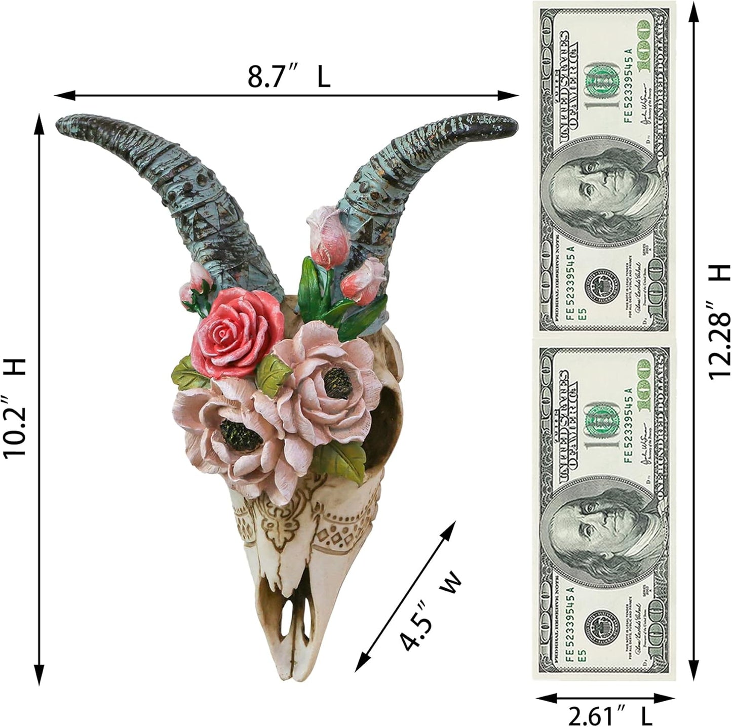 alikiki Animal Ram Skull Wall Decor - Floral Sheep Horned Head Skull Wall Hanging Resin Goat Wall Sculptures Taxidermy for Home Office Hotel Wall Art Ornament Living Room Boho Decorations