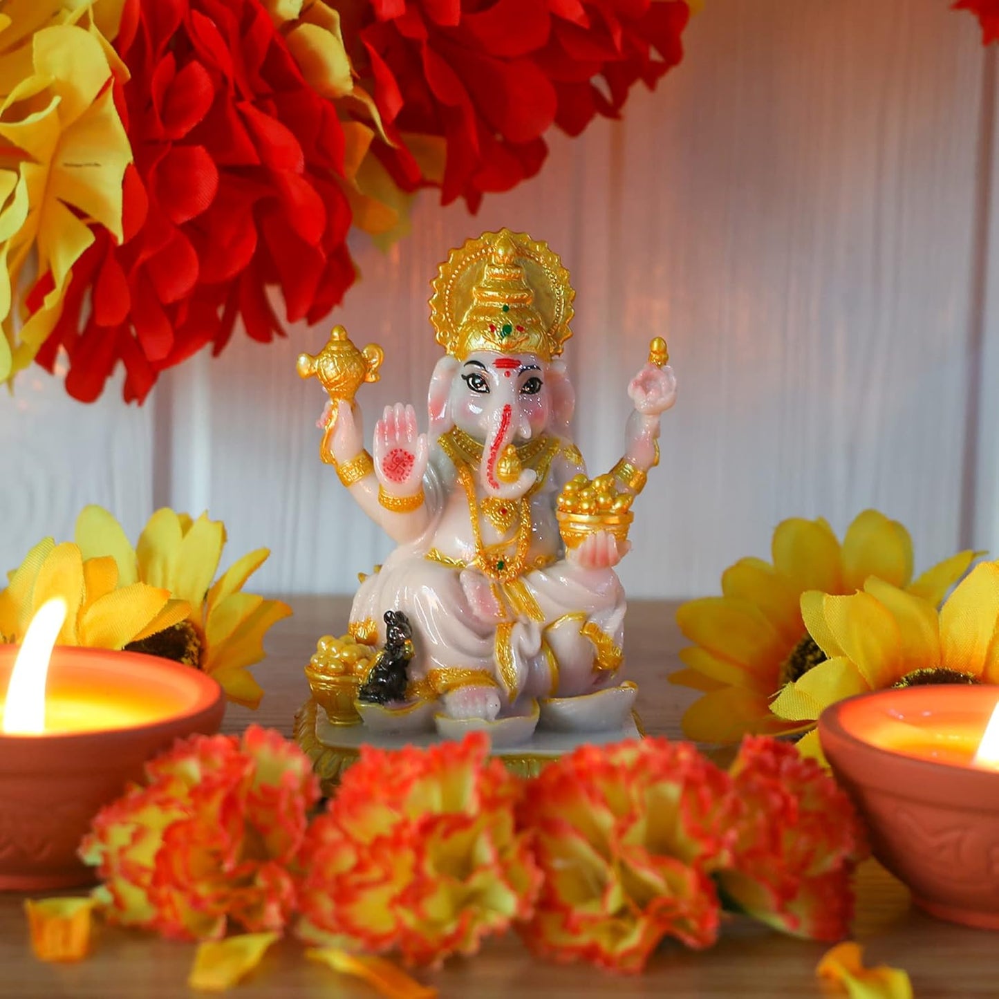 Indian Idol Lord Ganesh Statue - 4.1”H Marble Color Hindu God Ganesha Sculpture India Temple Mandir Home Office Altar Pooja Item Wedding Diwali Gifts