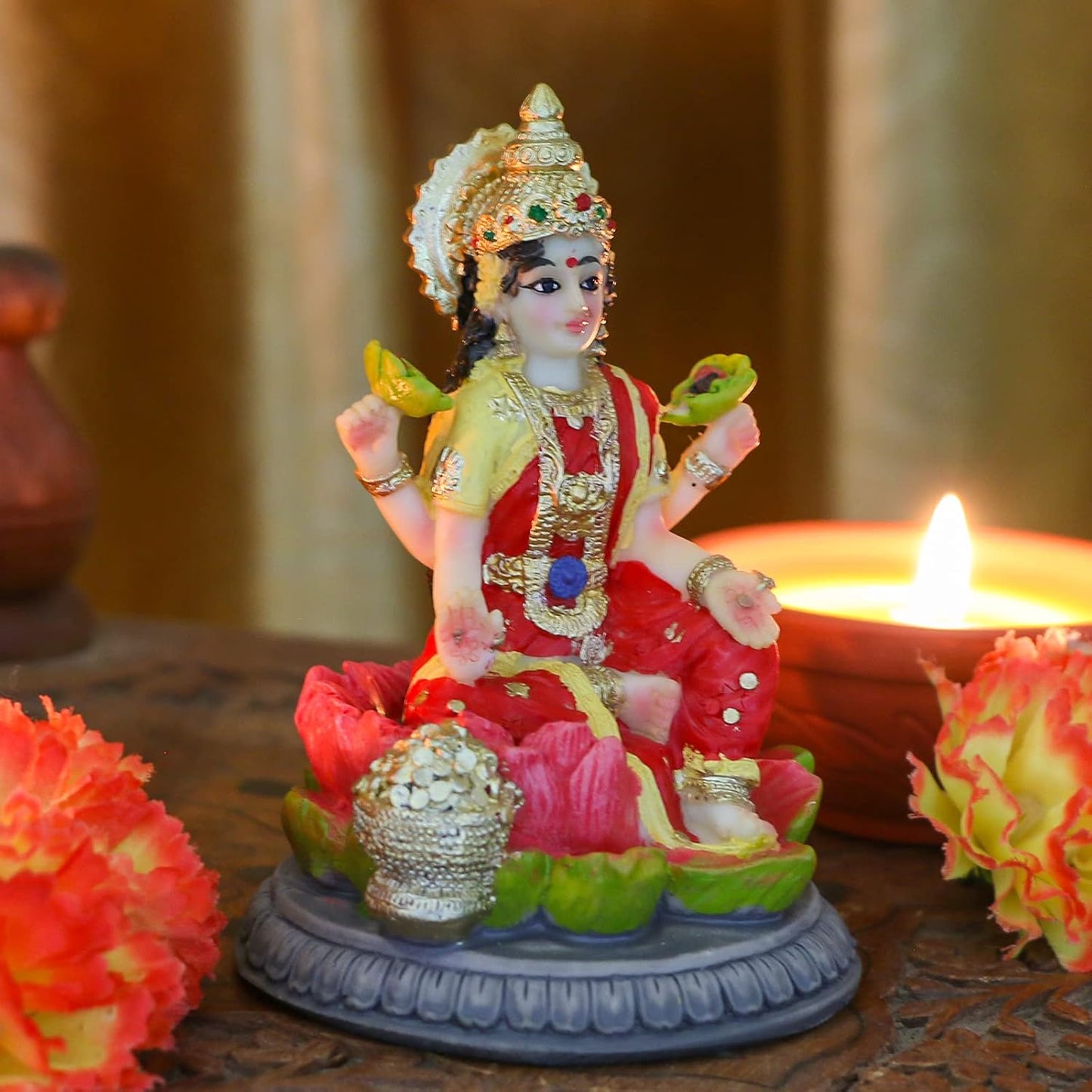 Small Hindu Goddess Lakshmi Statue - 3.9”H Indian Ido Laxmi Figurine for Car Dash Board Decor Home Office Mandir Temple Altar Shrine Pooja Item Murti for Diwali Puja Gifts