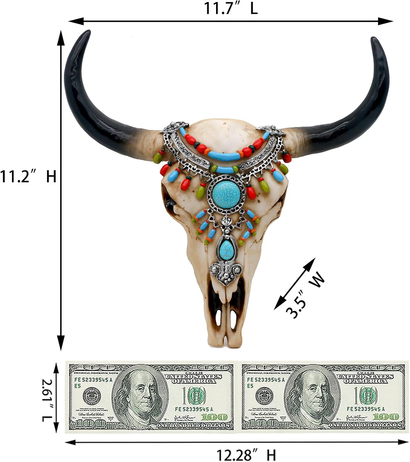 alikiki Southwest Cow Skull Wall Decor - Rustic Tribal Bull Head Skull with Turquoise Stone 3D Resin Long Horn Faux bison Steer Buffalo Skull Wall Hanging for Home Office Room Wall Art Ornament