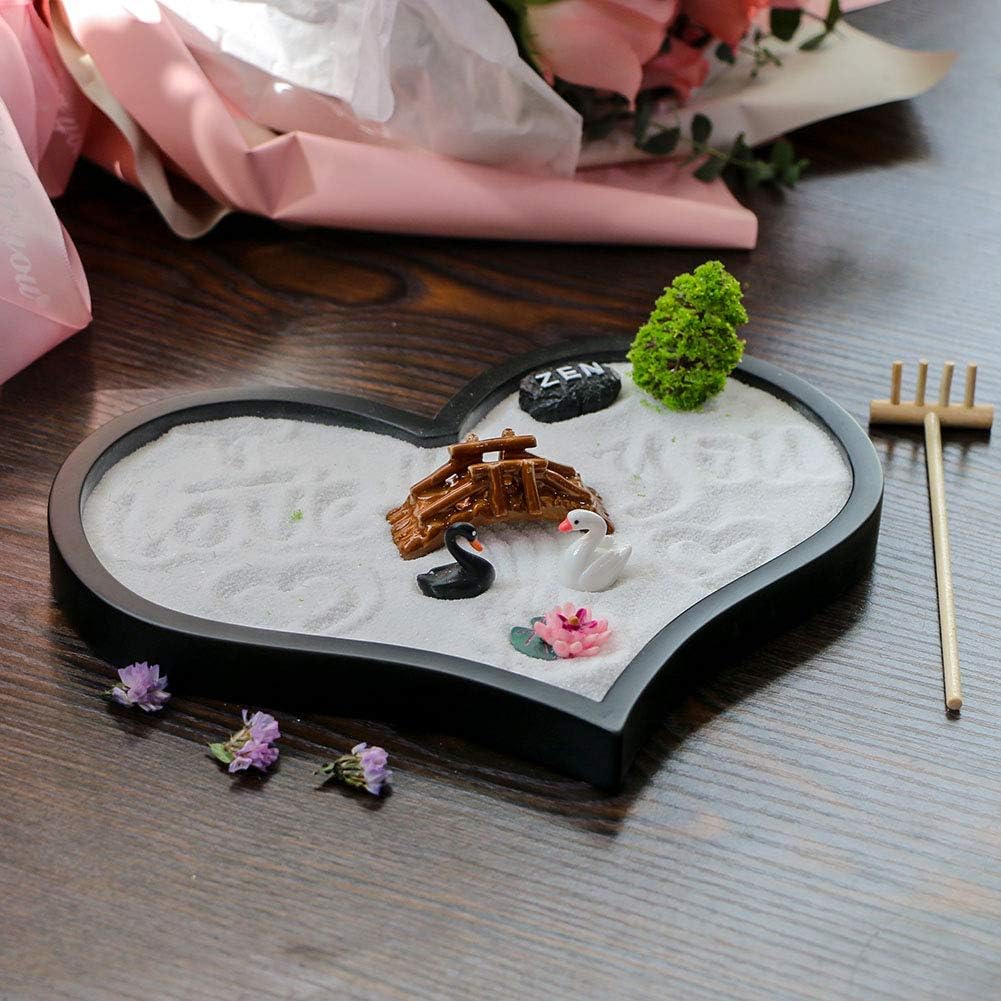 Desktop Mini Zen Garden Kit - Women Valentine's day Gifts Zen Decor Office Japanese Desk Tabletop Meditation Hear Shape Sand Garden Set Tools Rakes Miniature Accessories Unique Stress Relief Gifts