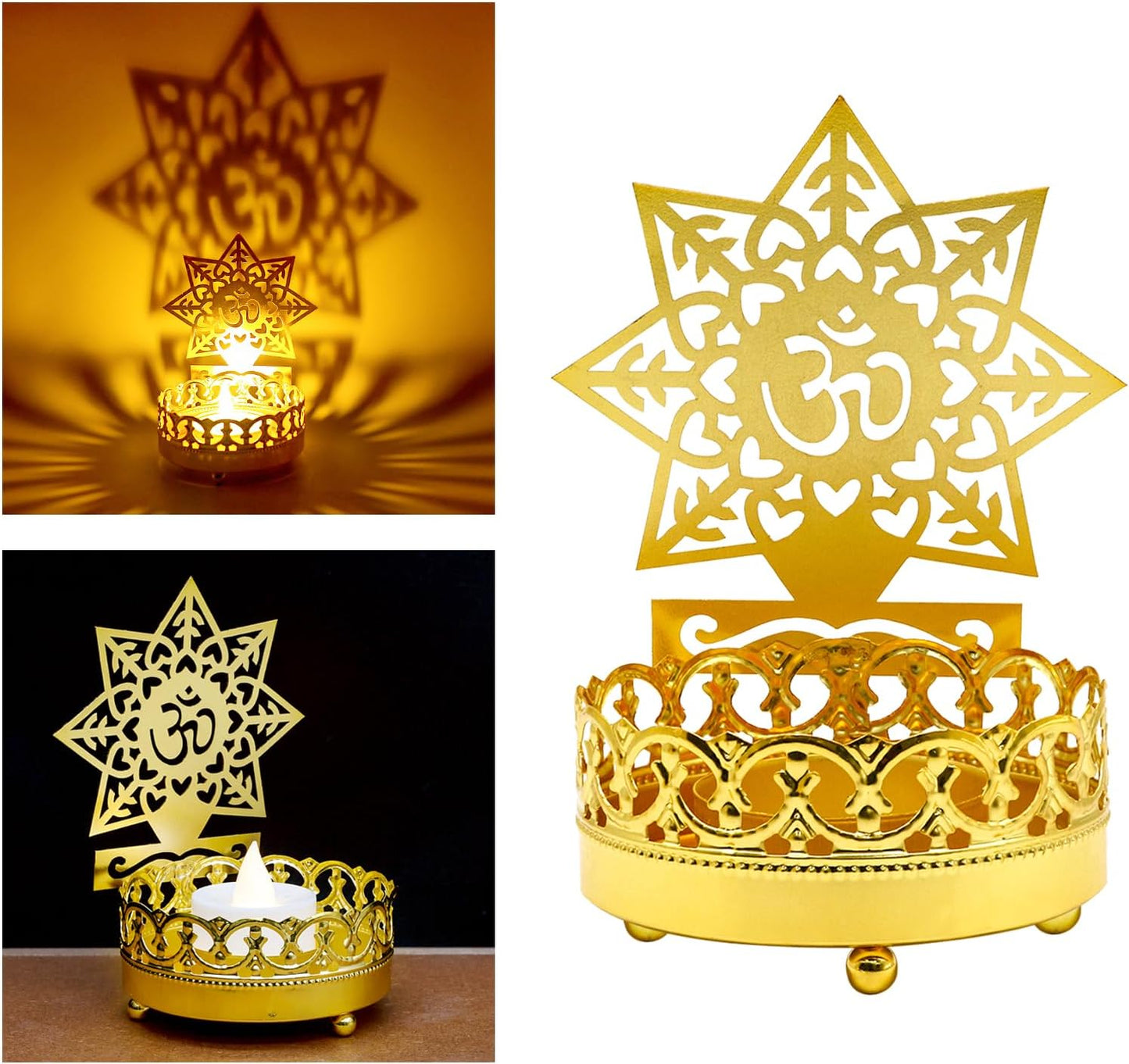 Metal OM Diwali Shadow Diyas – Tea Light Candle Holder Deya Birthday Wedding Housewarming Gift for Indian Murti Puja Item Home Office Temple Mandir Pooja Altar Decor