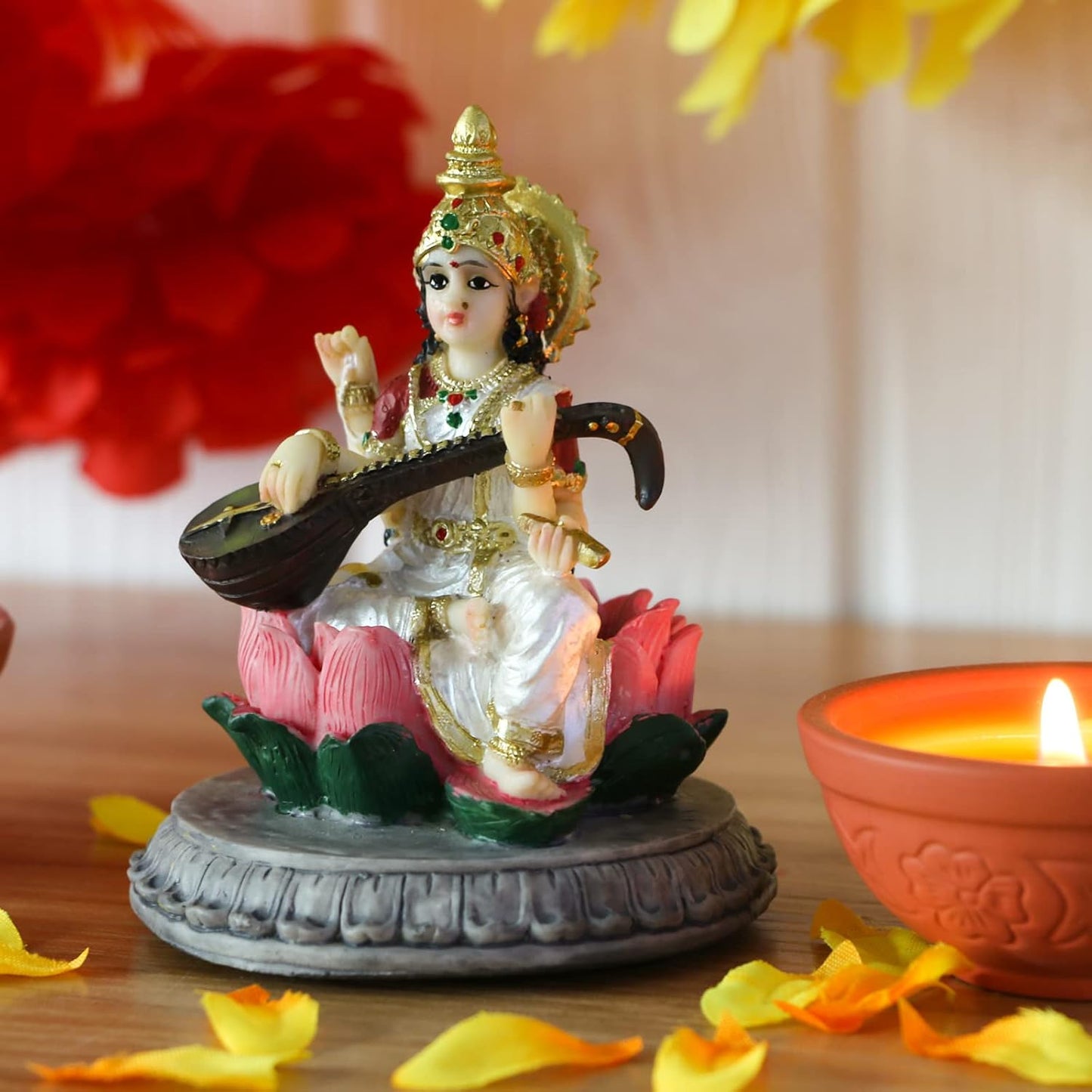 alikiki Small India Idol Sarawati Statue - 3.9”H Hindu Goddess Saraswati Figurine for Car Dashboard Decor Indian Home Office Temple Mandir Pooja Item Diwali Festival Puja Gift