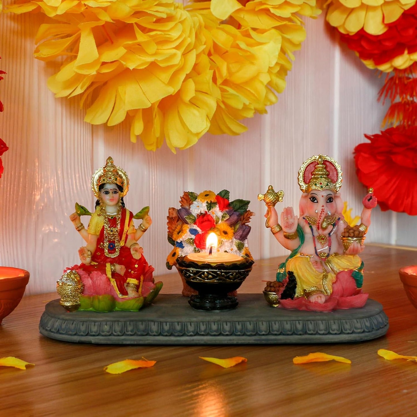 Indian God Ganesha Lakshmi Statue - 8.1”L Hindu God Ganesh Laxmi with Diya Diwali Gift for Indian Friends Man Woman Pooja Home Office Altar Mandir Temple Puja Item Housewarming Gifts