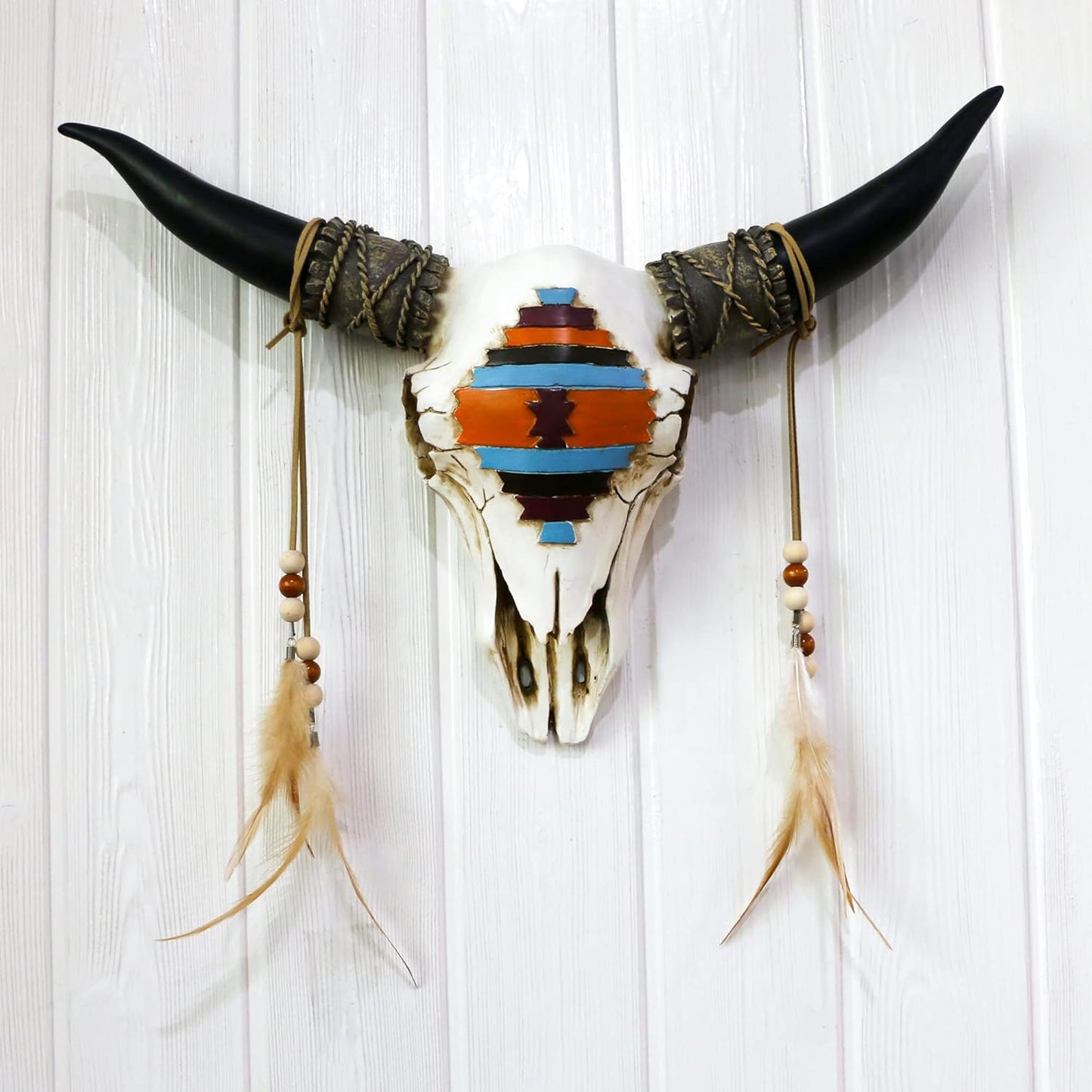 alikiki Southwestern Bull Skull Wall Decor - Faux Longhorn Head Wall Hanging - 17.7 Inch Long Bison Animal Wall Sculpture For Bedroom Living Room With Brown Feather Boho Decor