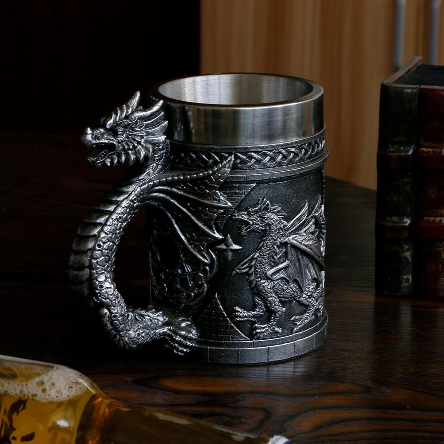 Medieval D&D Dragon Game Mug of Thrones Merchandise 21oz Large Beer Steins Viking Tankard Mug Stainless Coffee Cup Gift Mug for Dragon Collector, Themed Party Decoration