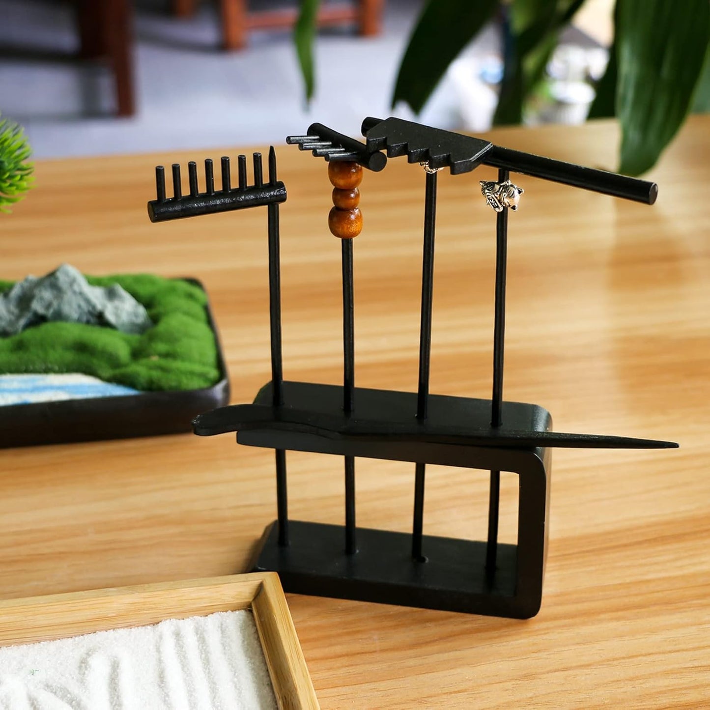 Desktop Mini Black Zen Garden Rake Japanese Zen Gifts Zen Decor Bamboo Table Top Rock Sand Garden Kit Tools Accessories Tabletop Meditation Sandbox Office Relaxation Adult Zen Gifts for Man Women