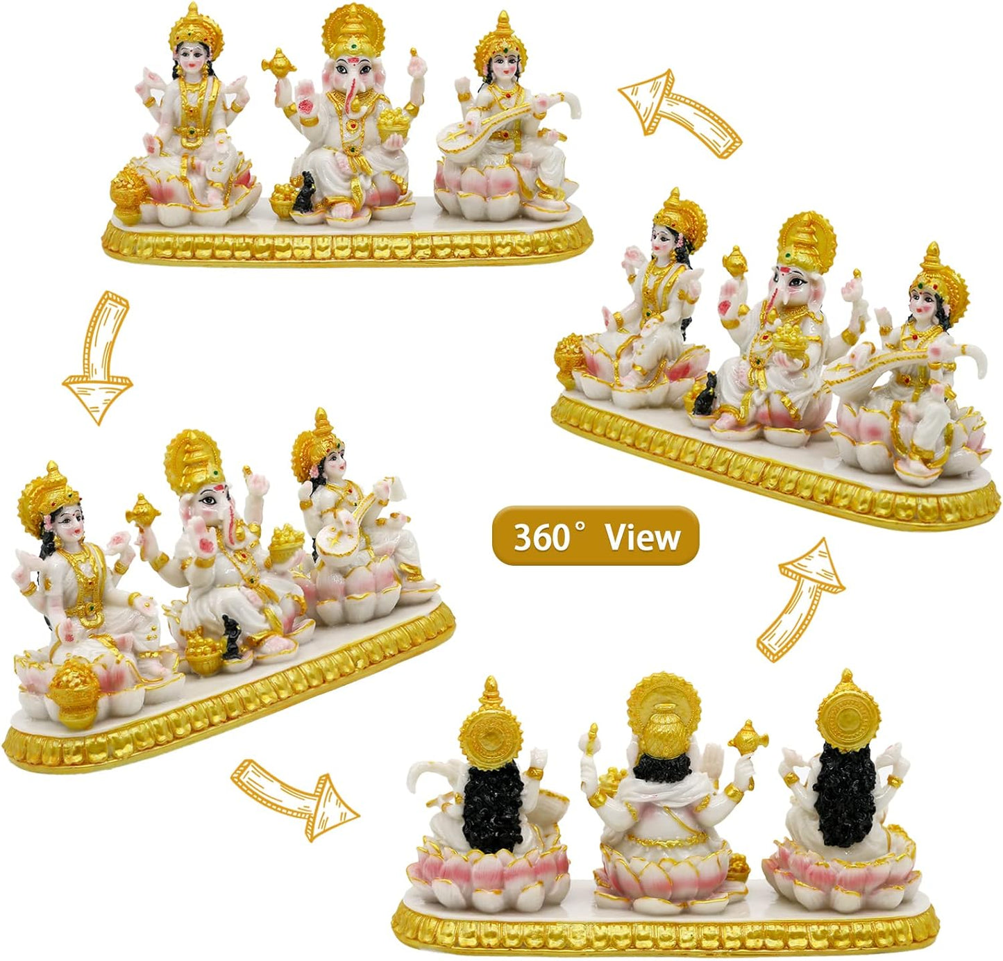 Indian Laxmi Ganesh Saraswati Statue - 3.9”H Small Marble Look Lakshmi Ganesha Idol Sculpture for Car Dashboard Hindu Temple Office Home Mandir Pooja Item Diwali Murti Puja Gifts