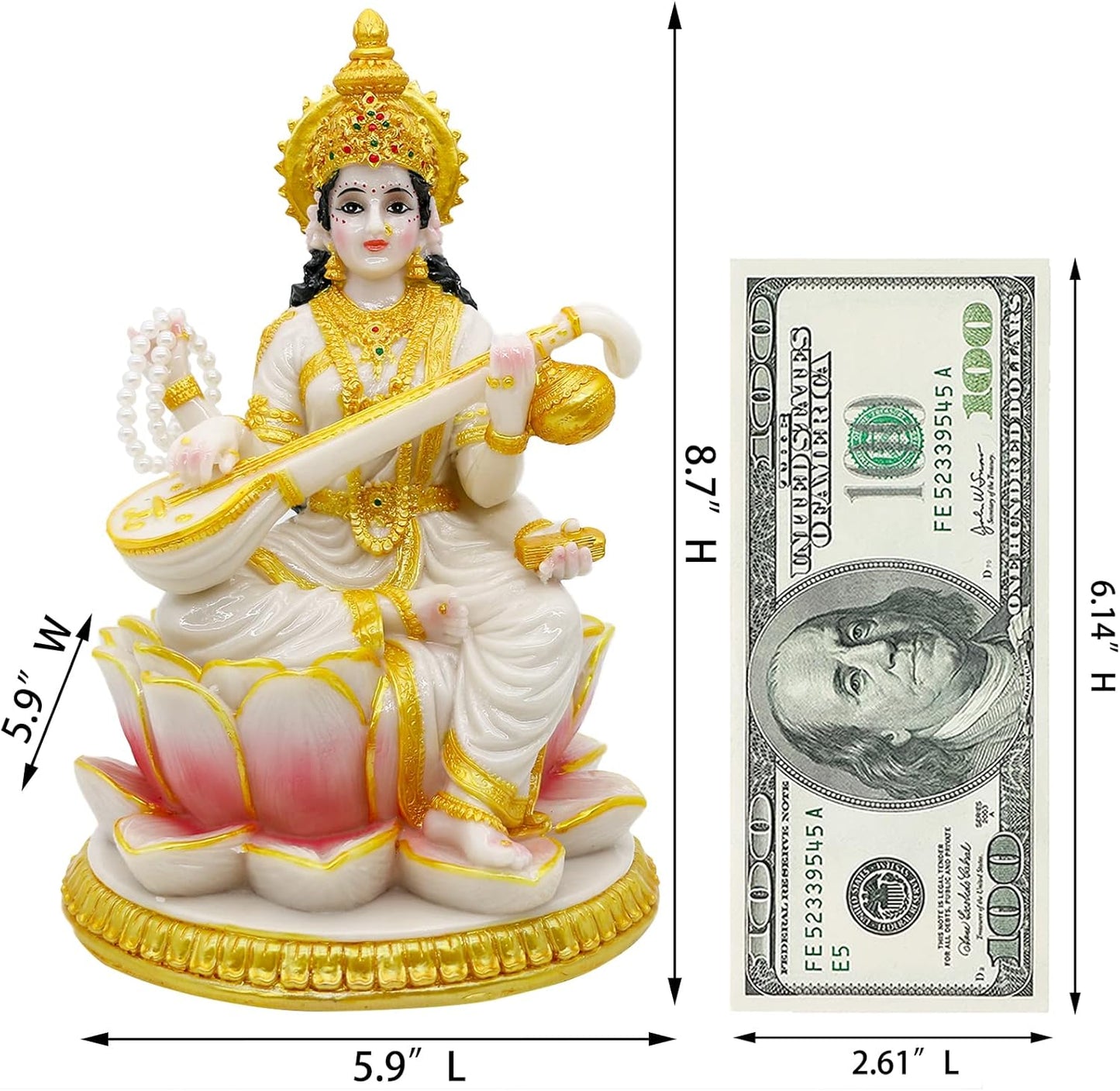 Big Hindu Goddess Saraswati Statue - 8.7”H Marble Look Indian Idol Saraswati Figurine India Diwali Murti Pooja Sculpture Home Office Temple Mandir Puja Item Altar Shrine Spiritual Decor