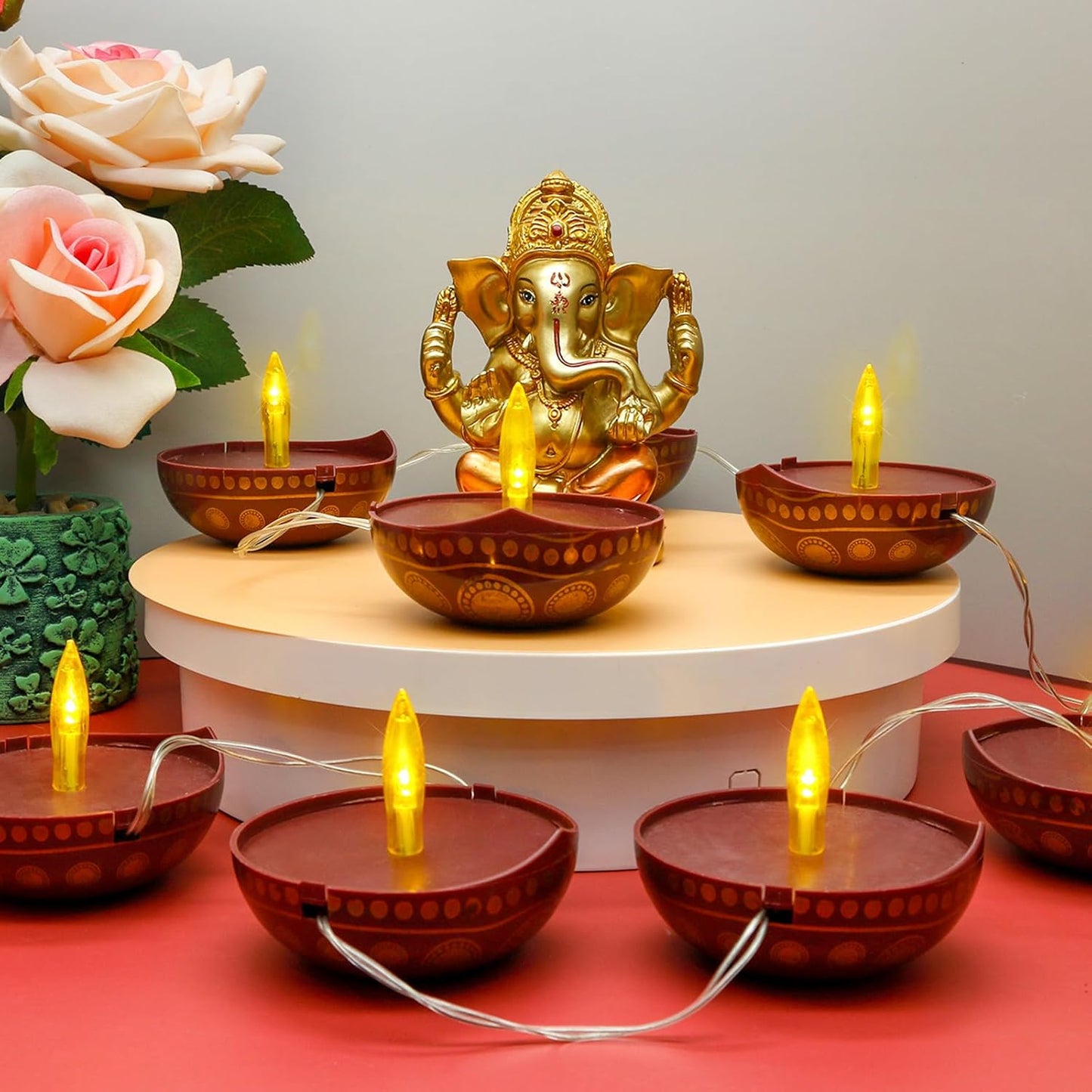 Diwali Diya String Lights - Diwali Gift Decor 10PCS LED Deepawali Battery Operated Diyas Indian Pooja Room Home Office Mandir Puja Gifts Hindu Wedding Light