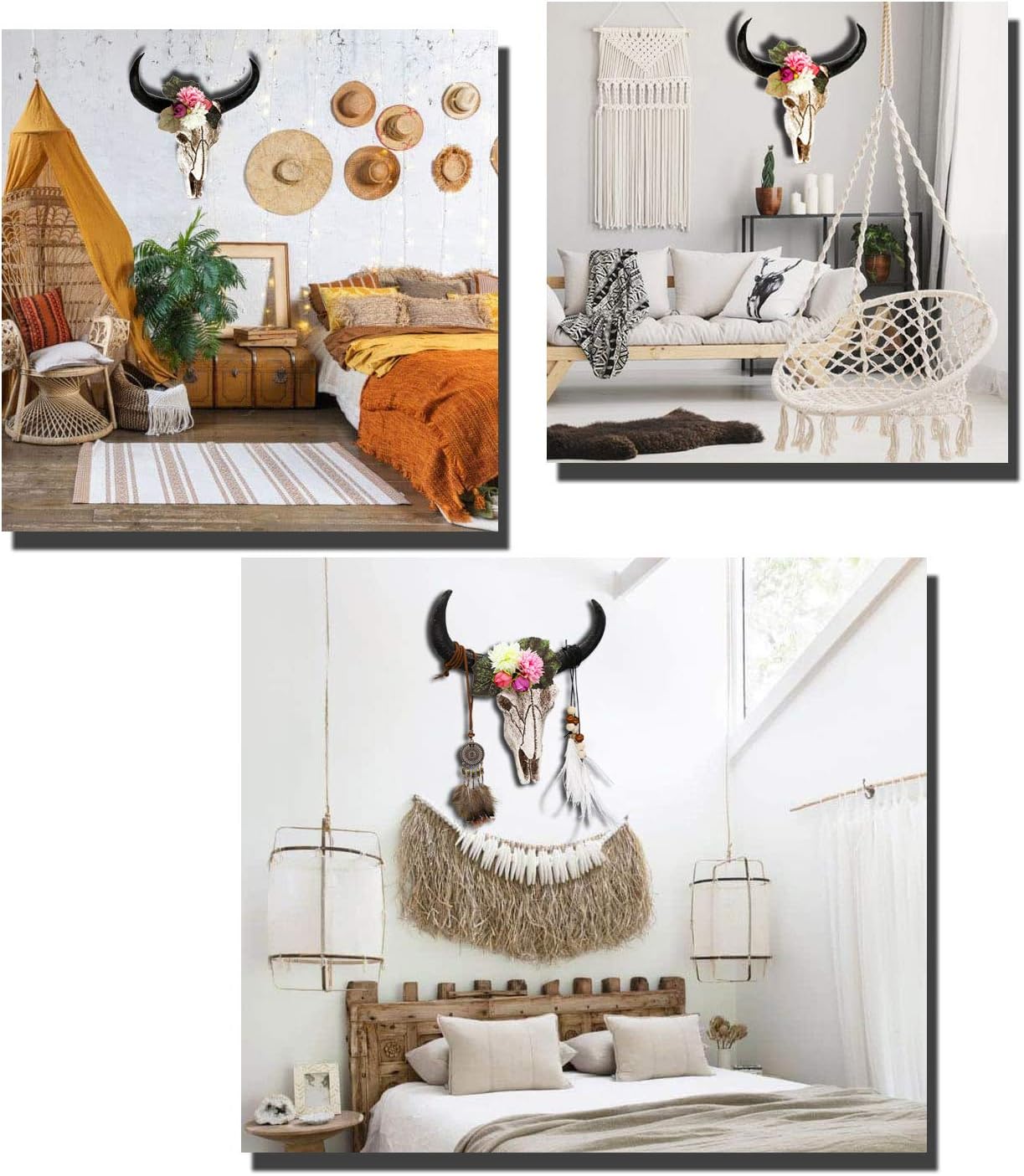 alikiki Floral Cow Skull Wall-Decor –DIY Faux Bull Skull Head Wall Hanging 3D Boho Chic Decor Western Steer Bison Animal Wall Sculpture w/Dreamcatcher Feather for Bedroom Living room