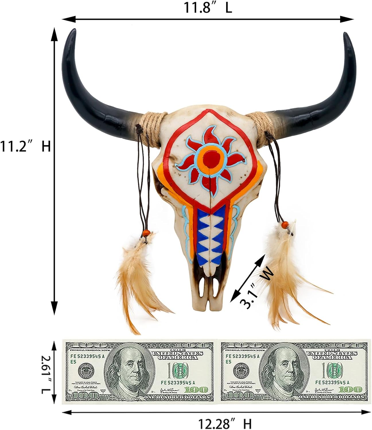 Southwest Tribal Bull Cow Skull with Feathers, Rustic Boho Longhorn Bison Steer Skull Wall Art Decor Faux Resin Animal Head Wall Mount Sculpture for Bedroom Living Room