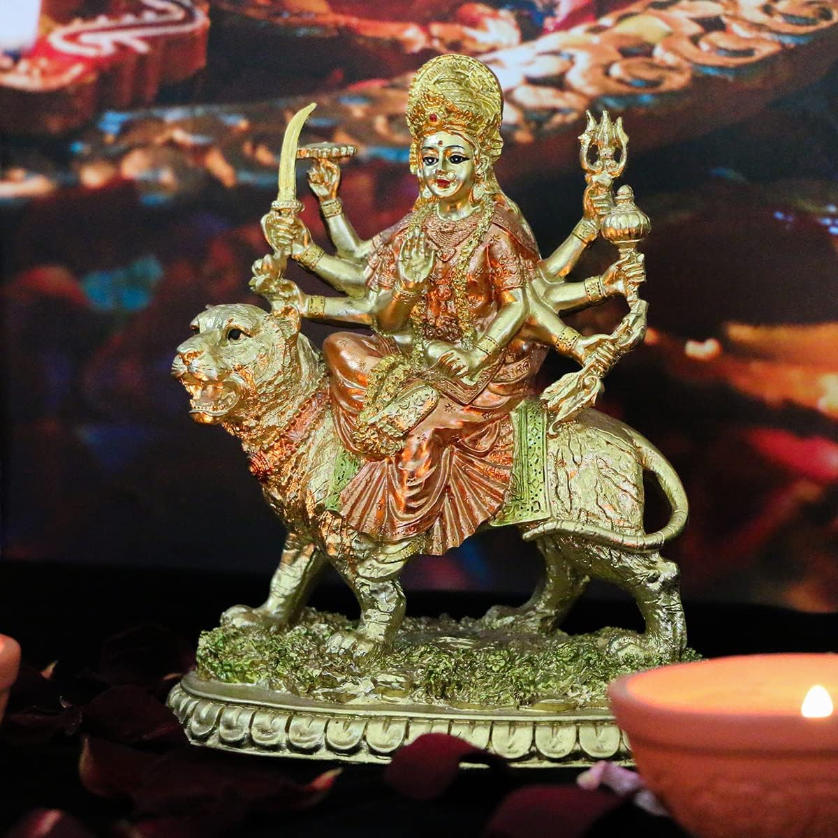 alikiki Hindu Goddess Small Durga Statue - 5.7" H Indian God Durga on Tiger Figurine Hinduism Idol Home Office Temple Puja Sculpture Mandir Murti Diwali Pooja Gifts Meditation Altar Shrine Decor