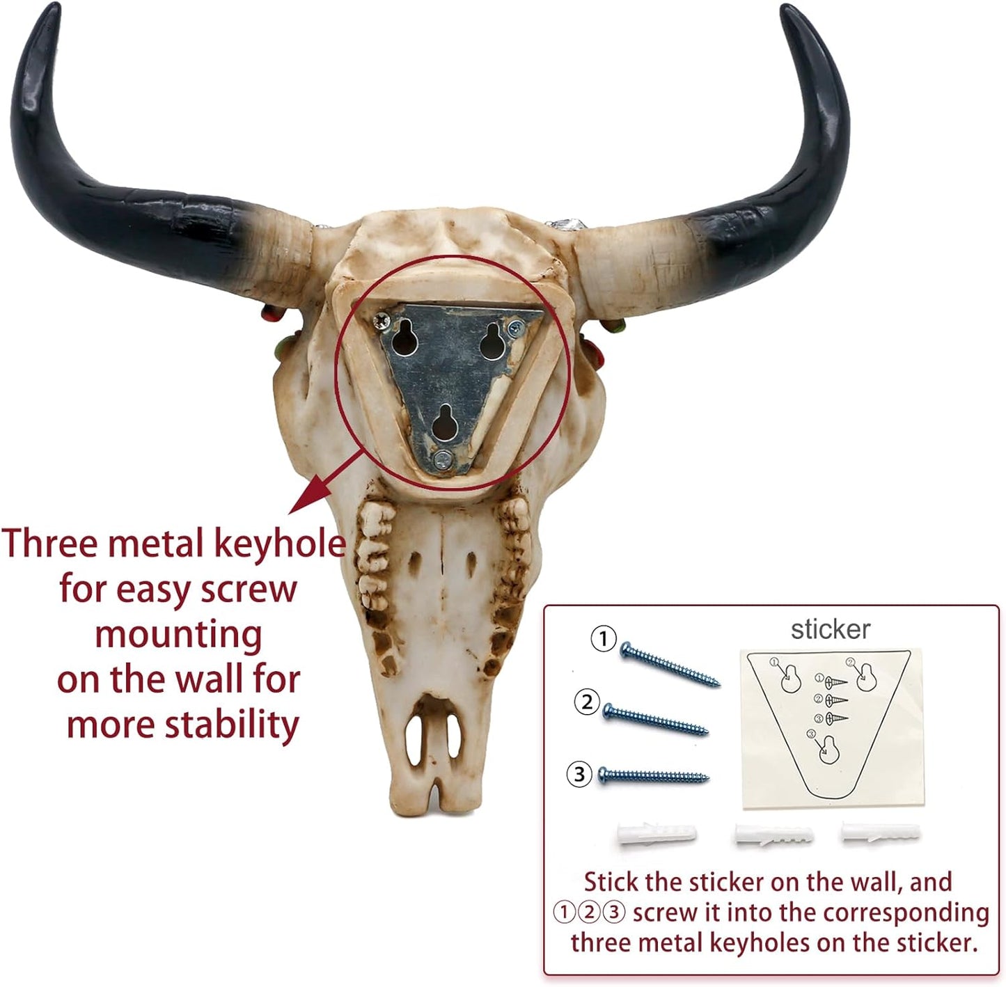 alikiki Southwest Cow Skull Wall Decor - Rustic Tribal Bull Head Skull with Turquoise Stone 3D Resin Long Horn Faux bison Steer Buffalo Skull Wall Hanging for Home Office Room Wall Art Ornament