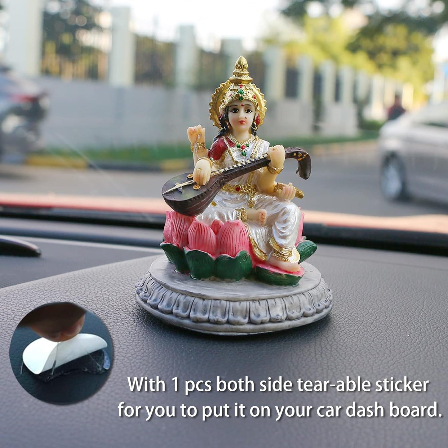 alikiki Small India Idol Sarawati Statue - 3.9”H Hindu Goddess Saraswati Figurine for Car Dashboard Decor Indian Home Office Temple Mandir Pooja Item Diwali Festival Puja Gift