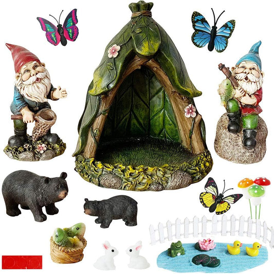 BangBangDa Outdoor Miniature Gnome Garden Kit- Fairy Houses Village Accessories Set Fishing Gnome Figurines Statue Patio Cake Topper Decor for Boy Girl Mother Girlfriend Birthday Gifts