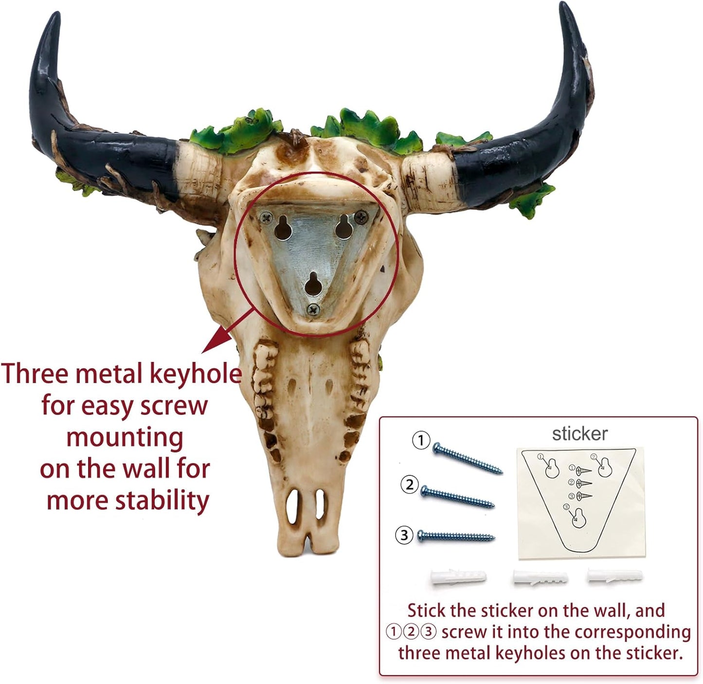 alikiki Longhorn Cow Skull Wall Decor - 10.4inch Long Bull Horns Bison Steer Skull Wall Hanging Home Decor Faux Animal Head Skull Wall Mount Western Boho Room Wall Art