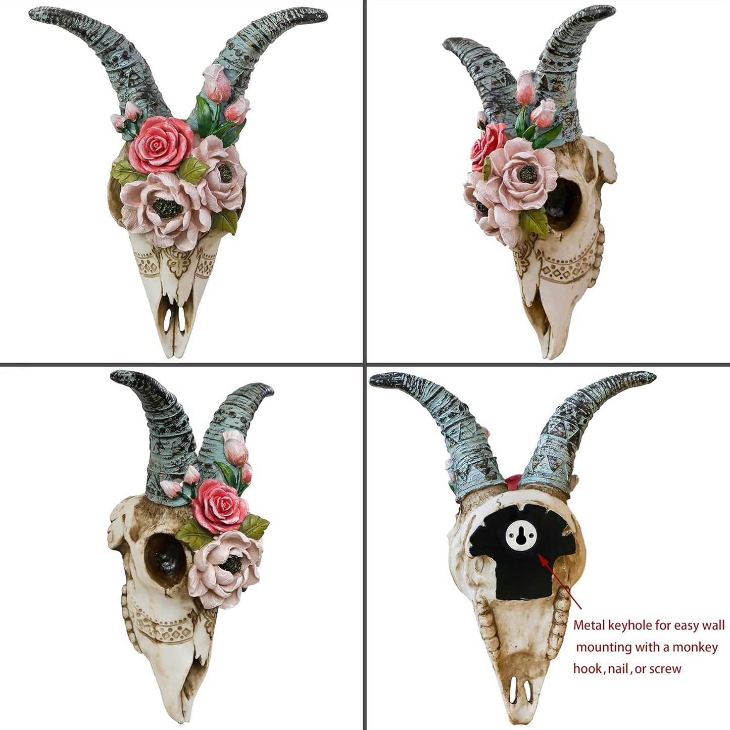 alikiki Animal Ram Skull Wall Decor - Floral Sheep Horned Head Skull Wall Hanging Resin Goat Wall Sculptures Taxidermy for Home Office Hotel Wall Art Ornament Living Room Boho Decorations