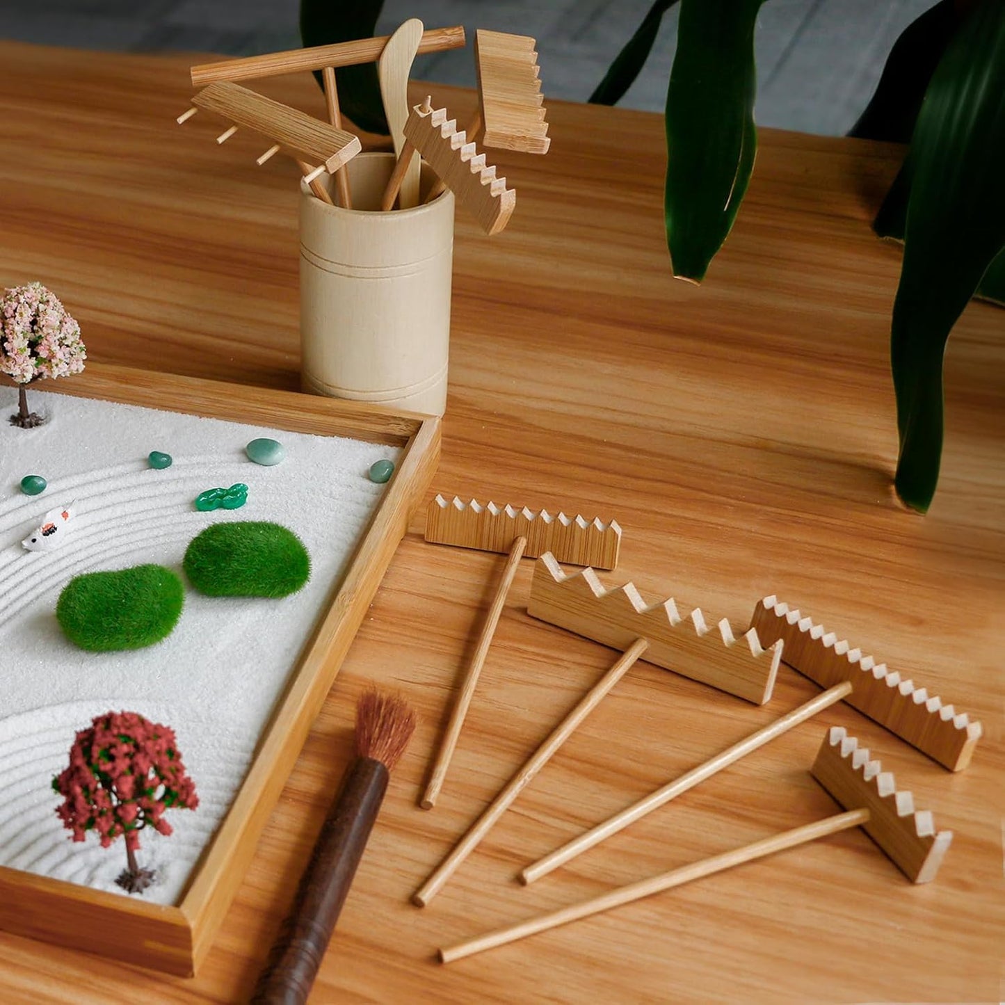 Zen Garden Tools Kit Accessories - Japanese Zen Garden Decor Zen Rake Set Mini Bamboo Rock Sand Garden Rakes Japan Zen Gift w/Healing Stone Bonsai Tree Home Office Yoga Meditation Room Zen Decor