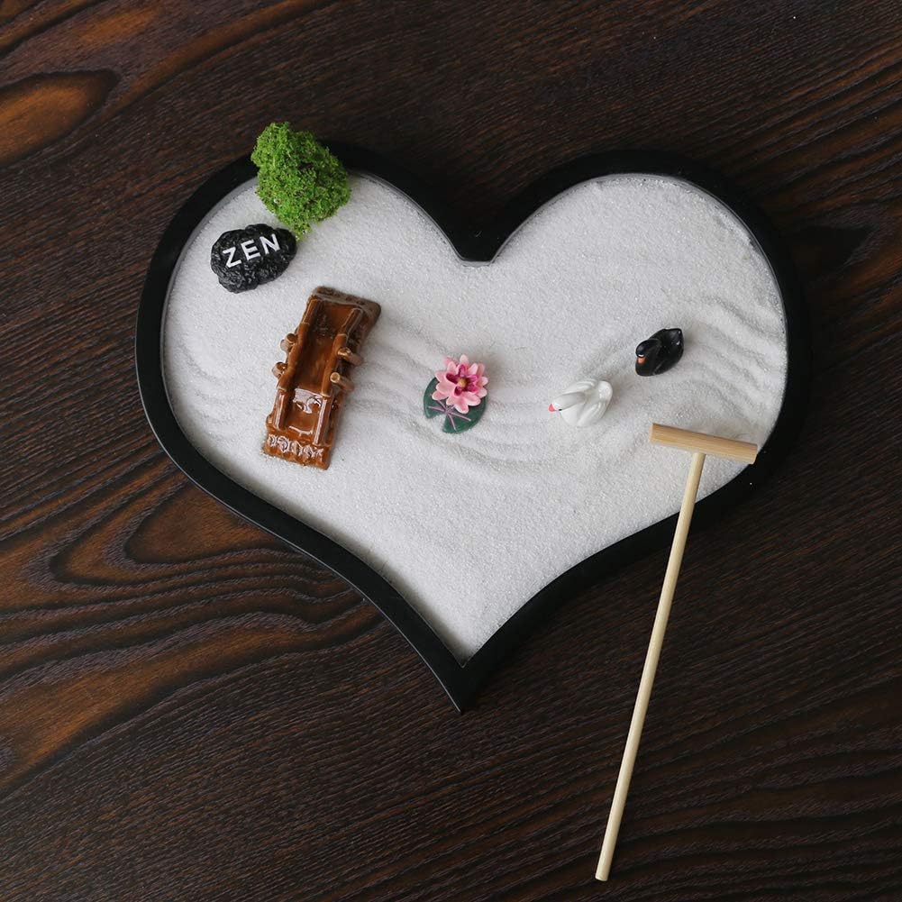 Desktop Mini Zen Garden Kit - Women Valentine's day Gifts Zen Decor Office Japanese Desk Tabletop Meditation Hear Shape Sand Garden Set Tools Rakes Miniature Accessories Unique Stress Relief Gifts