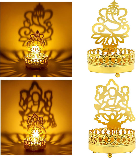 Metal Ganesha Lakshmi Shadow Diyas – Diwali Tea Light Candle Holder Birthday Wedding Gifts for Indian Friends Man Woman Murti Puja Item Home Office Temple Mandir Pooja Altar Decor