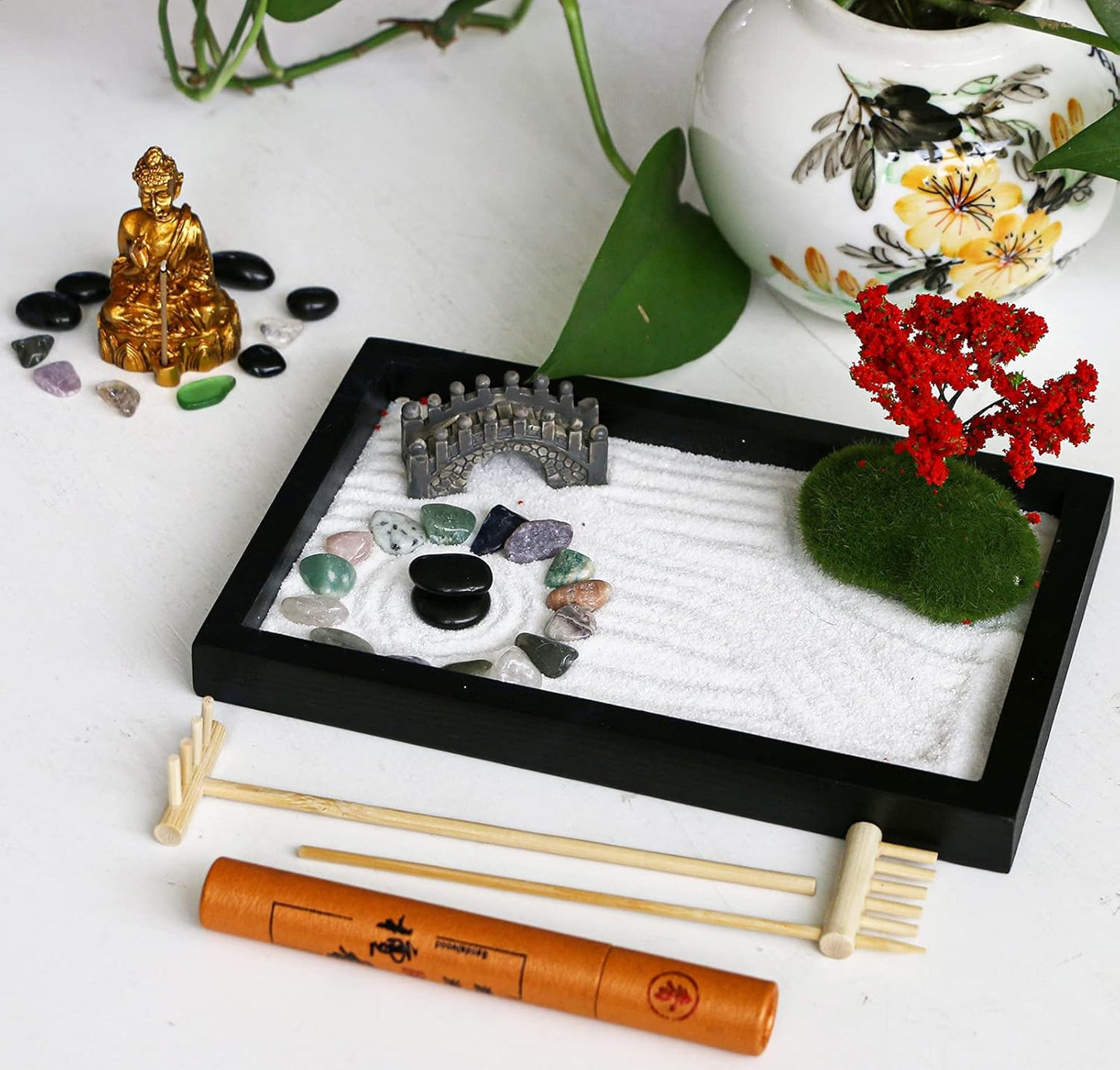 Mini Meditation Zen Garden Kit - Japanese Tabletop Rock Sand Chakra Buddha Zen Garden Home Office Desk Zen Decor Zen Gifts for Father Mother Birthday Gifts Sandbox w/Rake Tool Accessories Bonsai