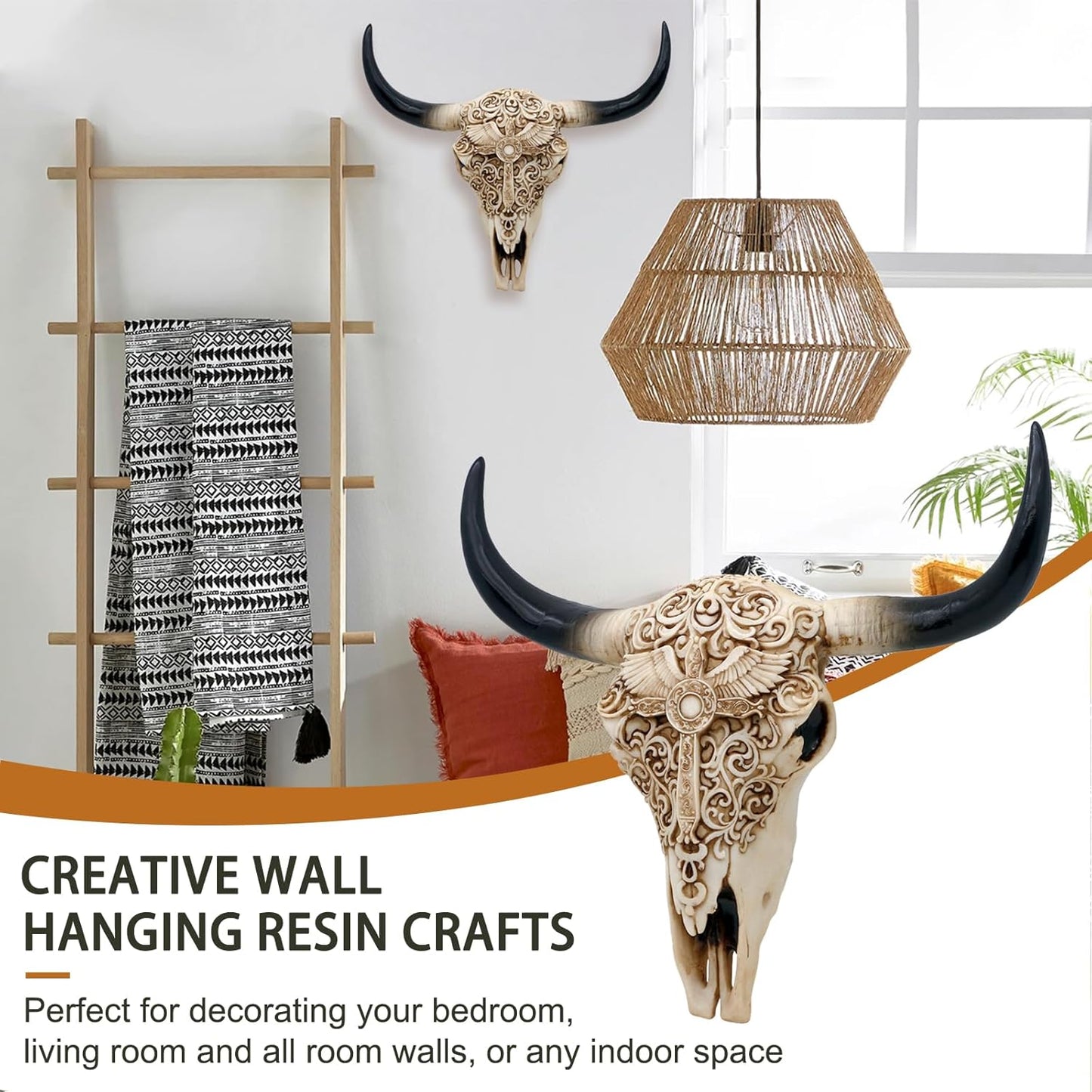 Western Cow Skull Wall-Decor - 12.2”Long Realistic Animal Head Wall Hanging Art Boho Cross Steer Bison Buffalo Bull Cow Horned Skull Home Wall Decor