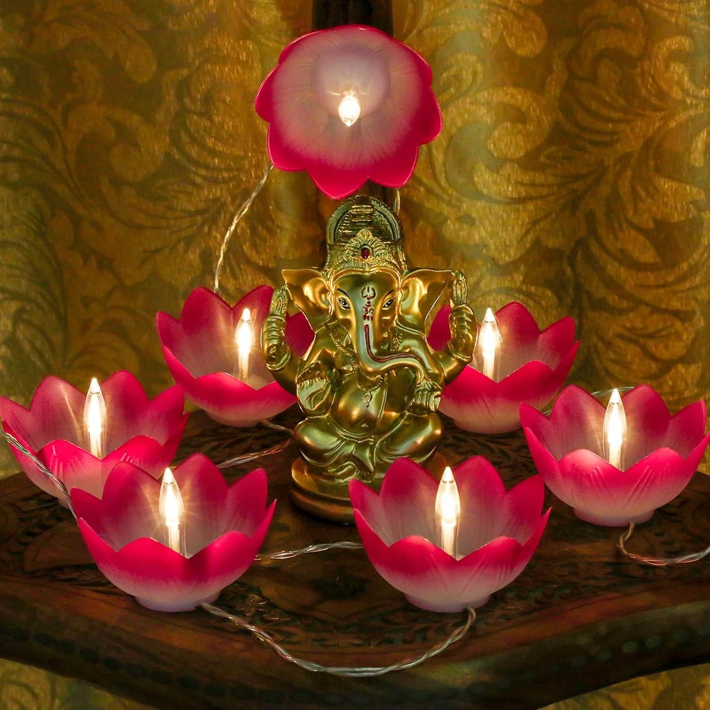 Diwali Gifts Electronic LED Diyas - Lotus Shaped Diya String Lights Diwali Pooja Item Indian Home Office Mandir Puja Decor, 10 Lotus Diyas per String, Battery Operated, Waterproof, Lasts 100+ Hours