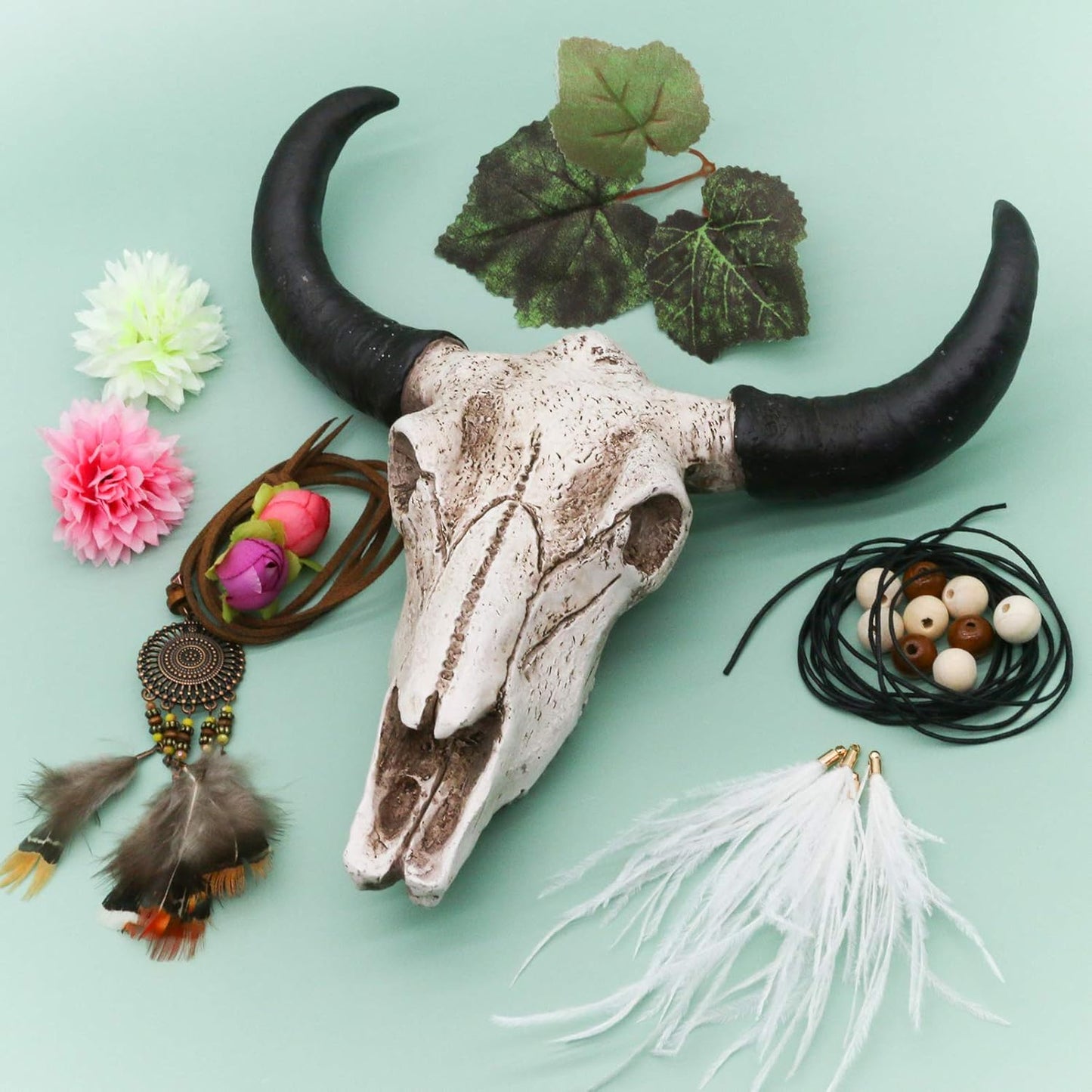 alikiki Floral Cow Skull Wall-Decor –DIY Faux Bull Skull Head Wall Hanging 3D Boho Chic Decor Western Steer Bison Animal Wall Sculpture w/Dreamcatcher Feather for Bedroom Living room