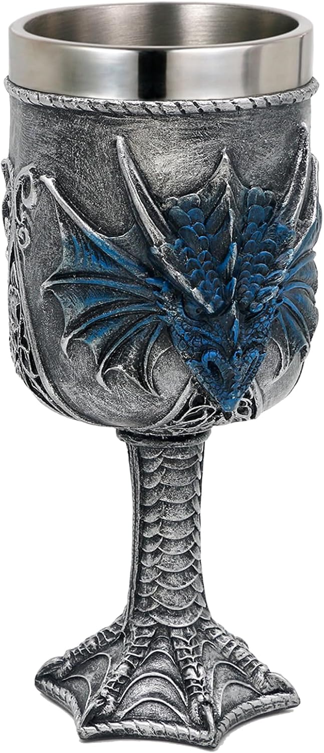 Medieval Blue Dragon Goblet Large - Dungeons and Dragons Goblets Chalices Gift -15.8oz Stainless Steel Beer Wine Drinking Cup Vessel GOT Dragon D&D Fans Gift for Party Decor Father Day Birthday