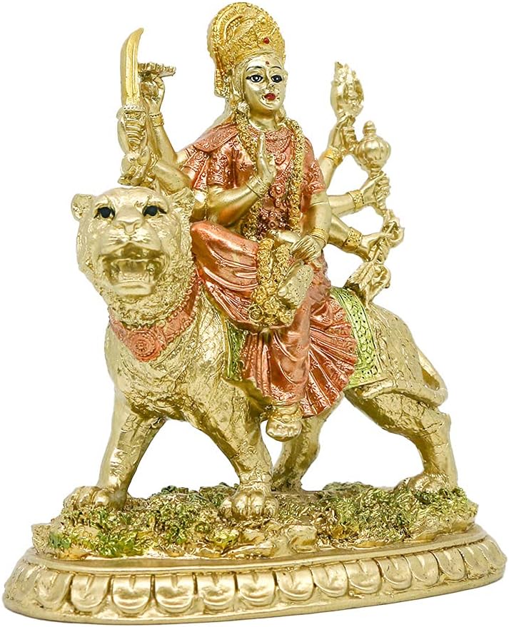 alikiki Hindu Goddess Small Durga Statue - 5.7" H Indian God Durga on Tiger Figurine Hinduism Idol Home Office Temple Puja Sculpture Mandir Murti Diwali Pooja Gifts Meditation Altar Shrine Decor