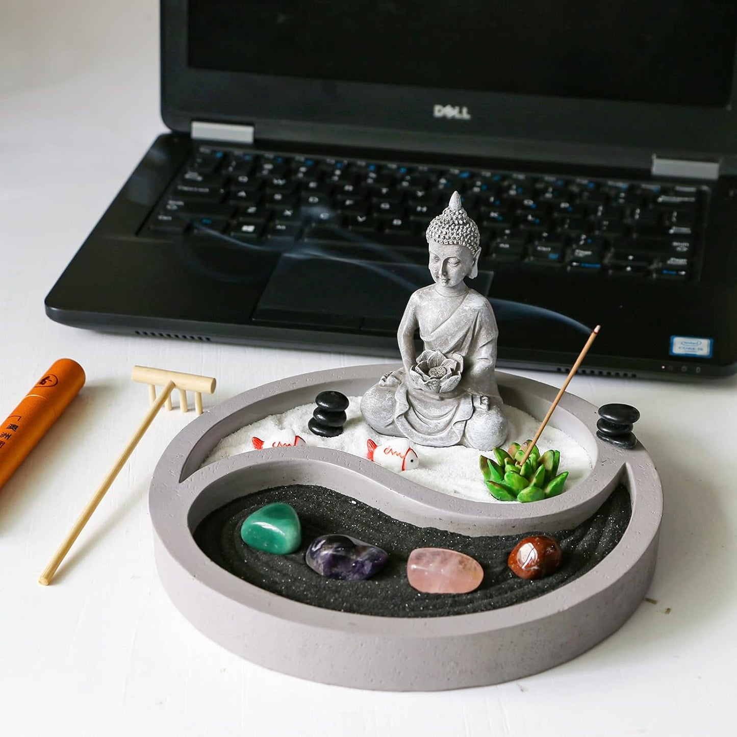 Mini Zen garden kit for desk - yin yang Crystal sand Garden - with zen rake buddha statue Healing Stones white sand - Japanese Rock Garden Meditation Gift Set for Home Office Desktop fidget toys