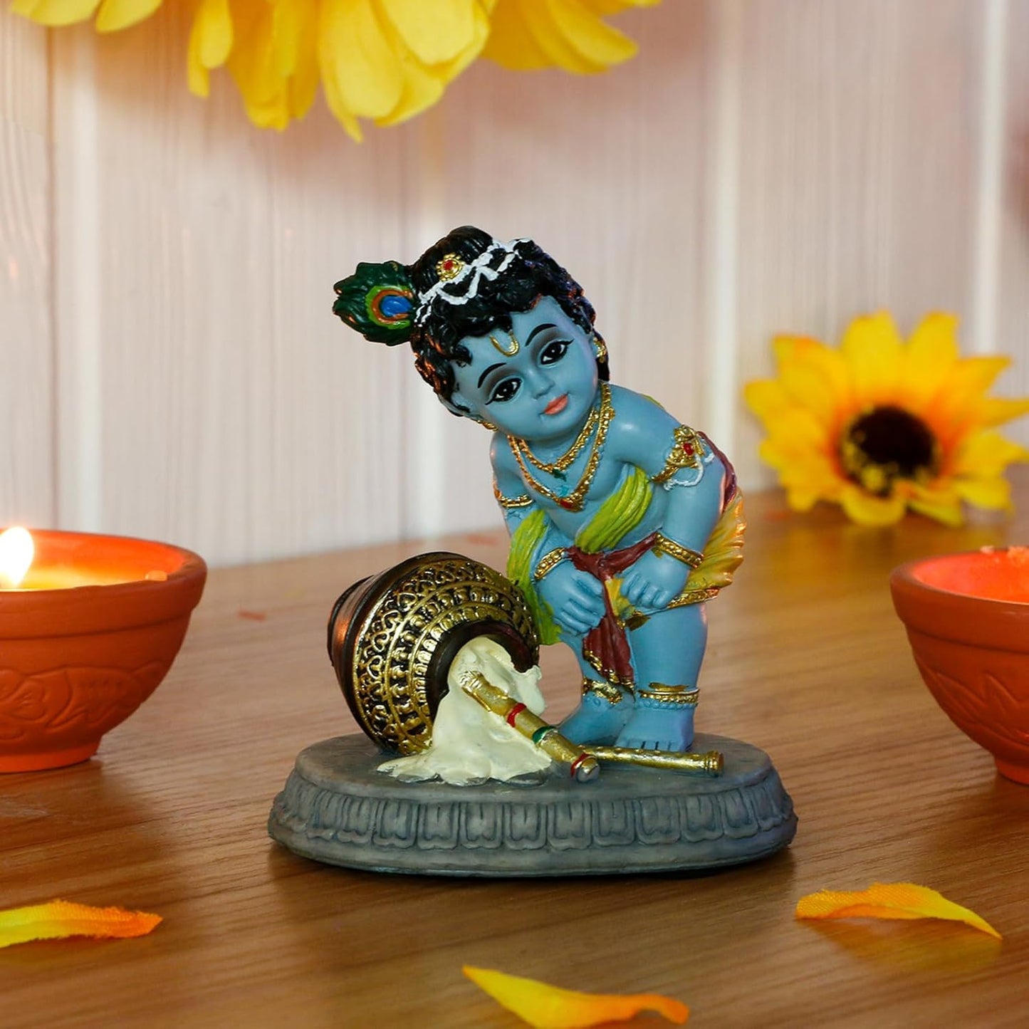 alikiki Hindu God Baby Krishna Statue - 3.7" H Indian Lord Krishna Idol Murti Diwali Pooja Gifts Car Dashboard Decor Baby Shower Wedding Return Gift Small Makhan Chor Altar Decor