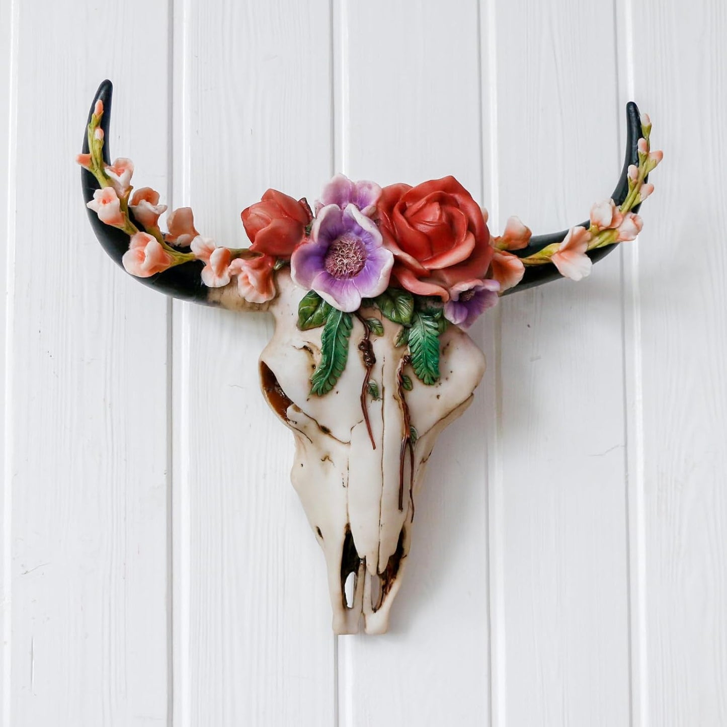 Flower Cow Skull Wall-Decor - Western Native American Longhorn Bull Head Wall Mounted Taxidermy Bison Buffalo Cattle Steer Animal Skull Wall Hanging Cowgirl Room Wall Decor Stuff Country Wall Arts