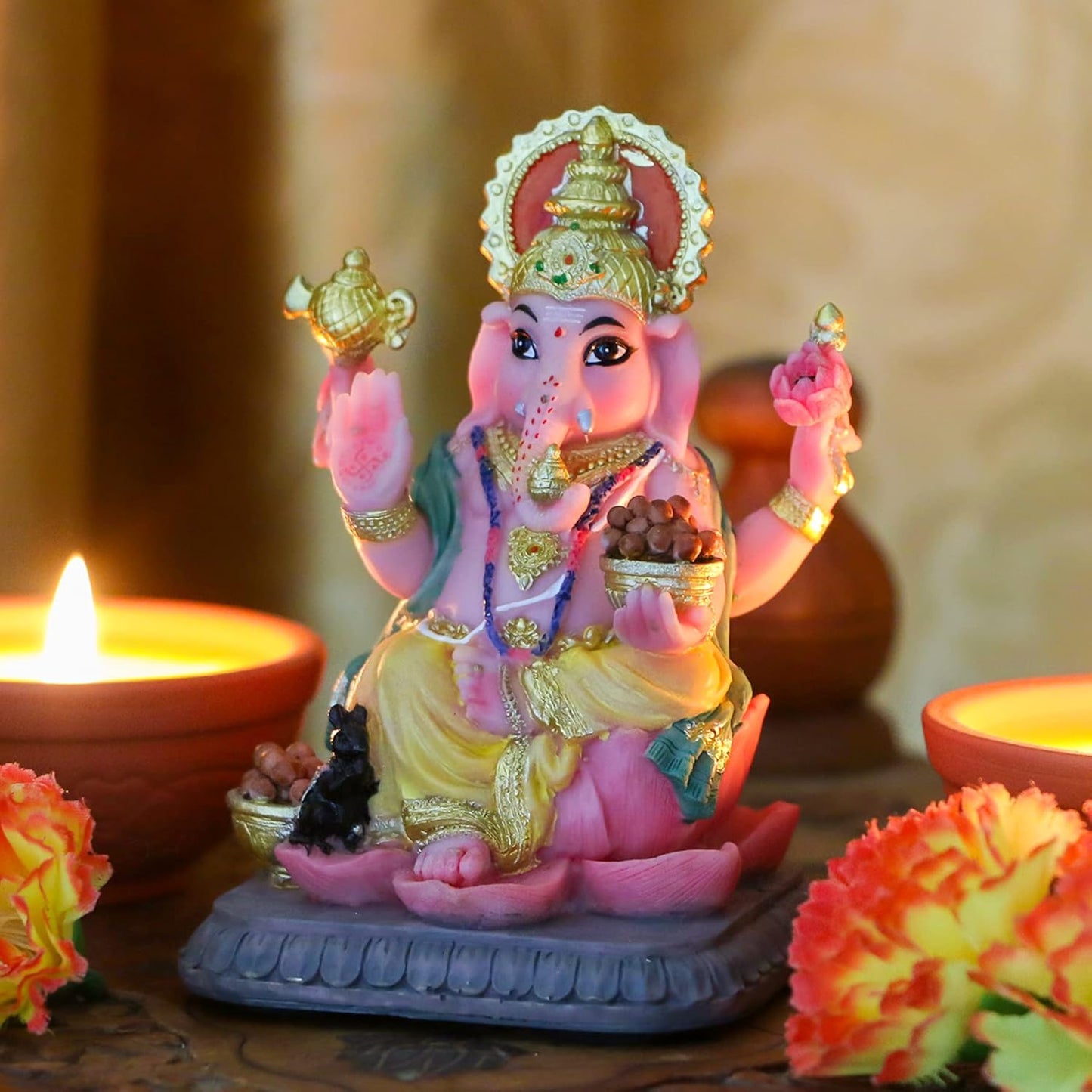 alikiki Indian God Lord Ganesha Statue - 4.1”H Multicolor Hindu idol Ganesh for Car Dashboard Decor India Murit Home Office Mandir Temple Altar Pooja Item Diwali Puja Gifts