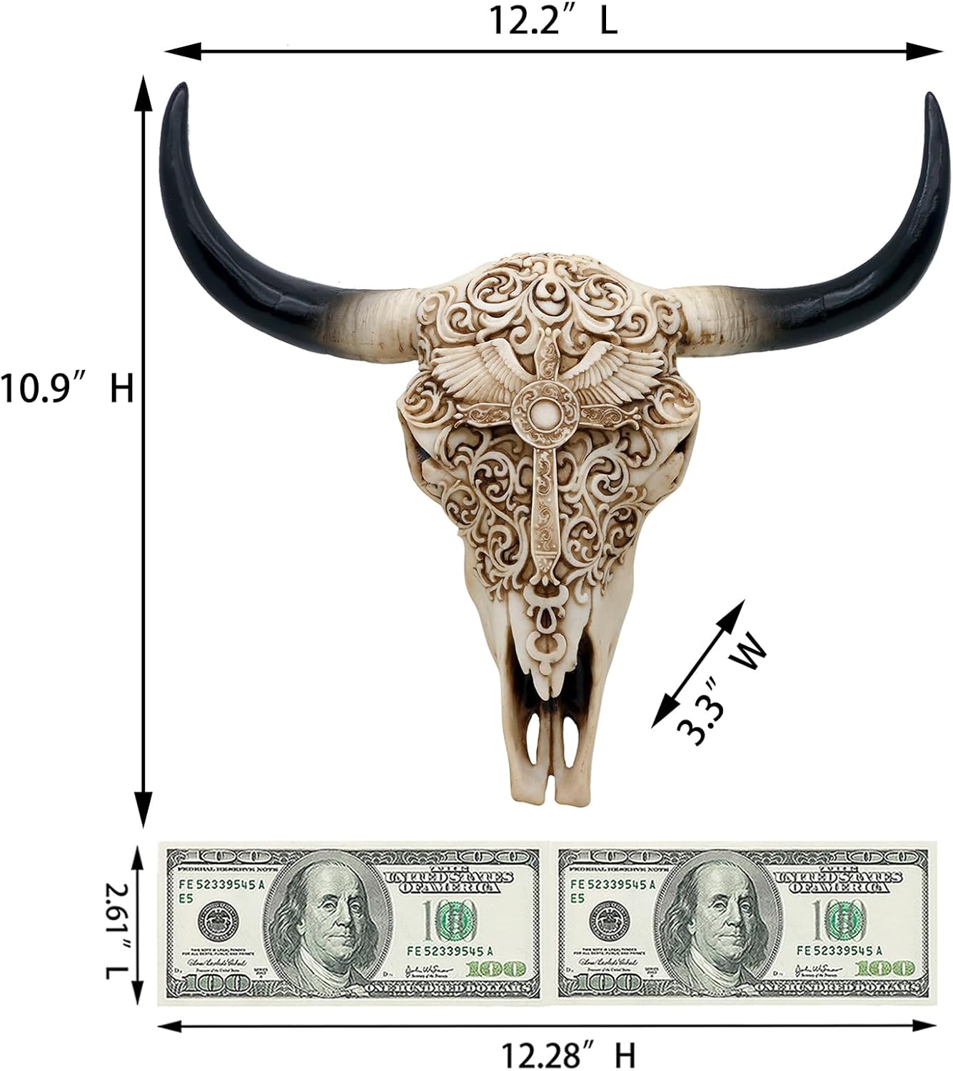 Western Cow Skull Wall-Decor - 12.2”Long Realistic Animal Head Wall Hanging Art Boho Cross Steer Bison Buffalo Bull Cow Horned Skull Home Wall Decor