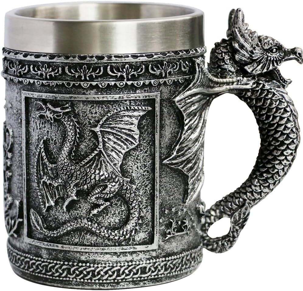 Medieval Roaring Dragon Mug - Dungeons and Dragons Beer Stein Tankard Drink Cup - 15.8oz Stainless Coffee Mug for GOT Dragon Lovers Collector Ideal Novelty Gothic Father Day Gift Party Decoration