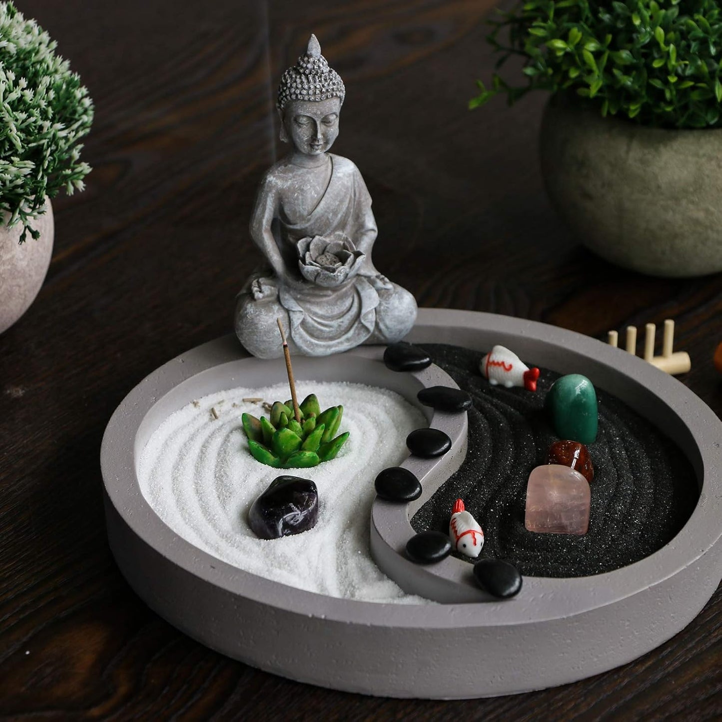 Mini Zen garden kit for desk - yin yang Crystal sand Garden - with zen rake buddha statue Healing Stones white sand - Japanese Rock Garden Meditation Gift Set for Home Office Desktop fidget toys