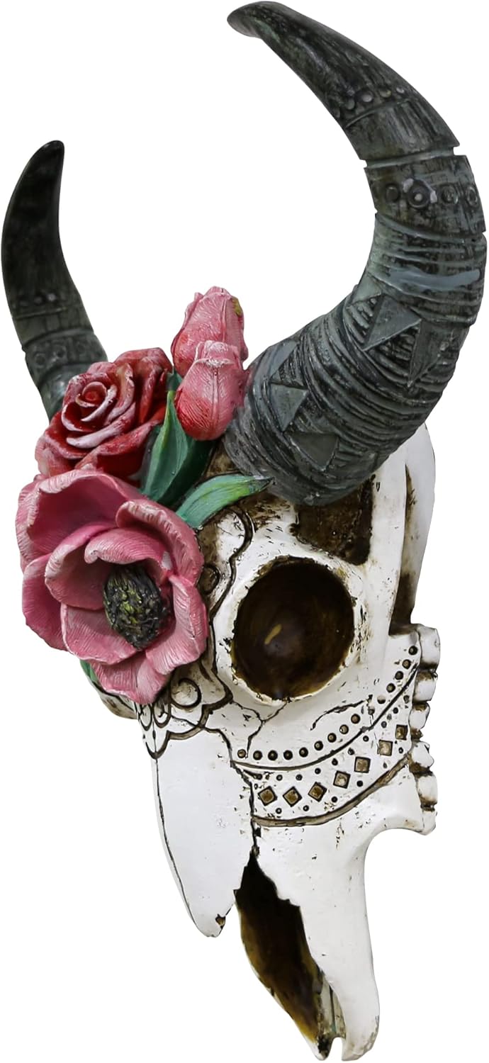 Western Bull Skull Wall Decor - 13.6" Tall Floral Buffalo Skull Wall Southwestern Decor Resin Faux Flower Cow Horned Skull Head Decor Boho Decor Bison Animal Wall Sculpture for Bedroom Living Room