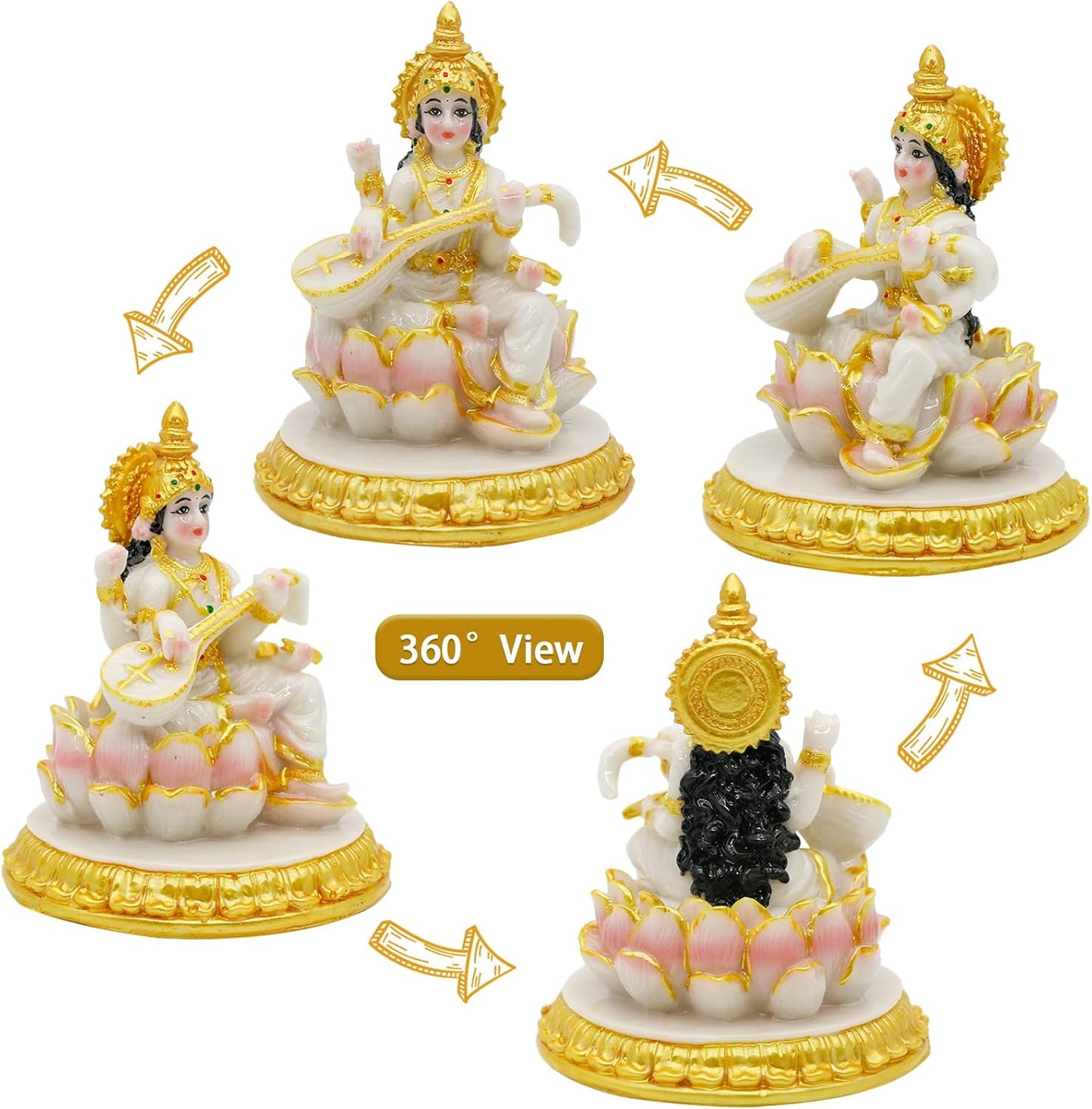 Small Hindu Goddess Saraswati Statue - 3.9”H Marble Look Saraswati Figurine for Car Dashboard India Idol Buddha Statue Home Office Mandir Temple Pooja Item Diwali Puja Gifts