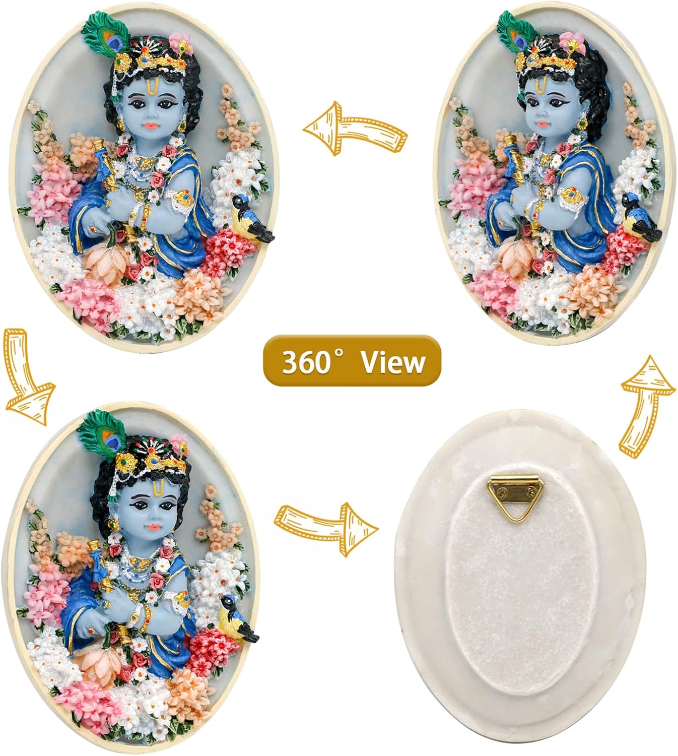 Alikiki Oval-Shape Krishna Wall Hanging - 4.6”H Hindu God Lord Baby Krishna Idol with Flute Flowers Indian Polystone Murti Pooja Figurine Home Office Altar Mandir Temple Puja Decor