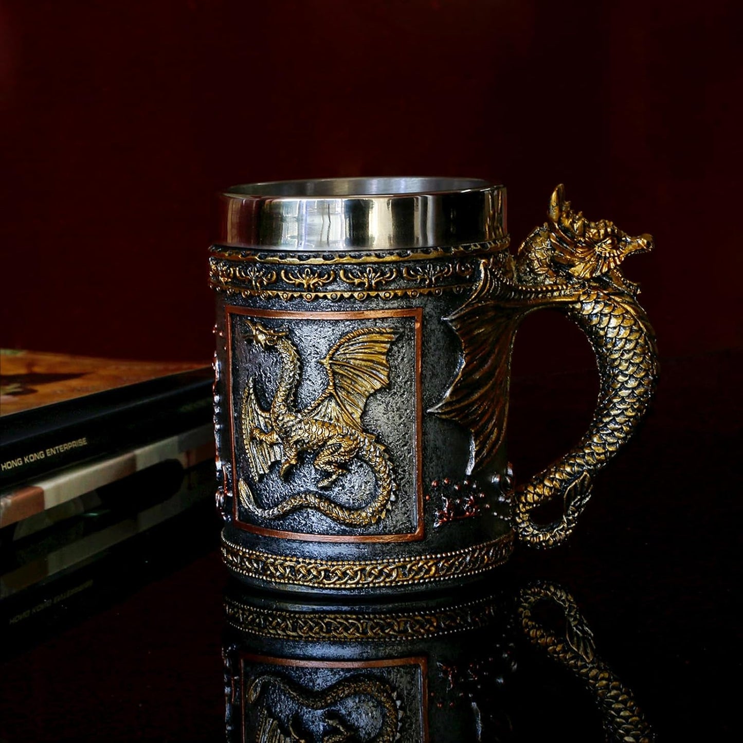 alikiki Medieval Dungeons and Dragons Coffee mug - 15.8oz Stainless Gold Roaring Dragon Beer Drink Mug for GOT Dragon Lovers Collector Ideal Novelty Gothic Father Day Gift Party Decoration