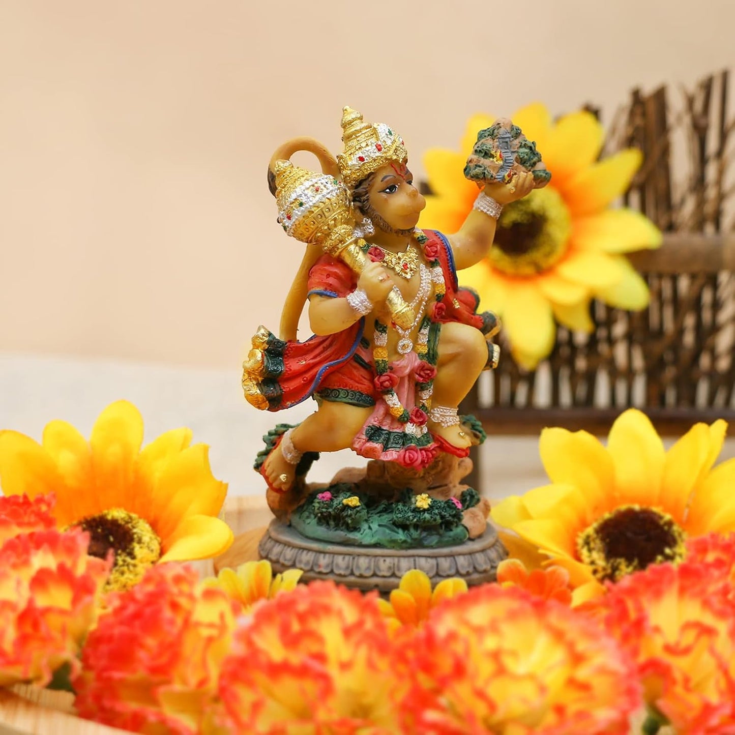 alikiki India Idol Lord Hanuman Statue - 3.9”H Hindu God Flying Hanuman Figurine for Car Dashboard Decor Indian Home Office Mandir Temple Altar Shrine Pooja Item Diwali Puja Gifts