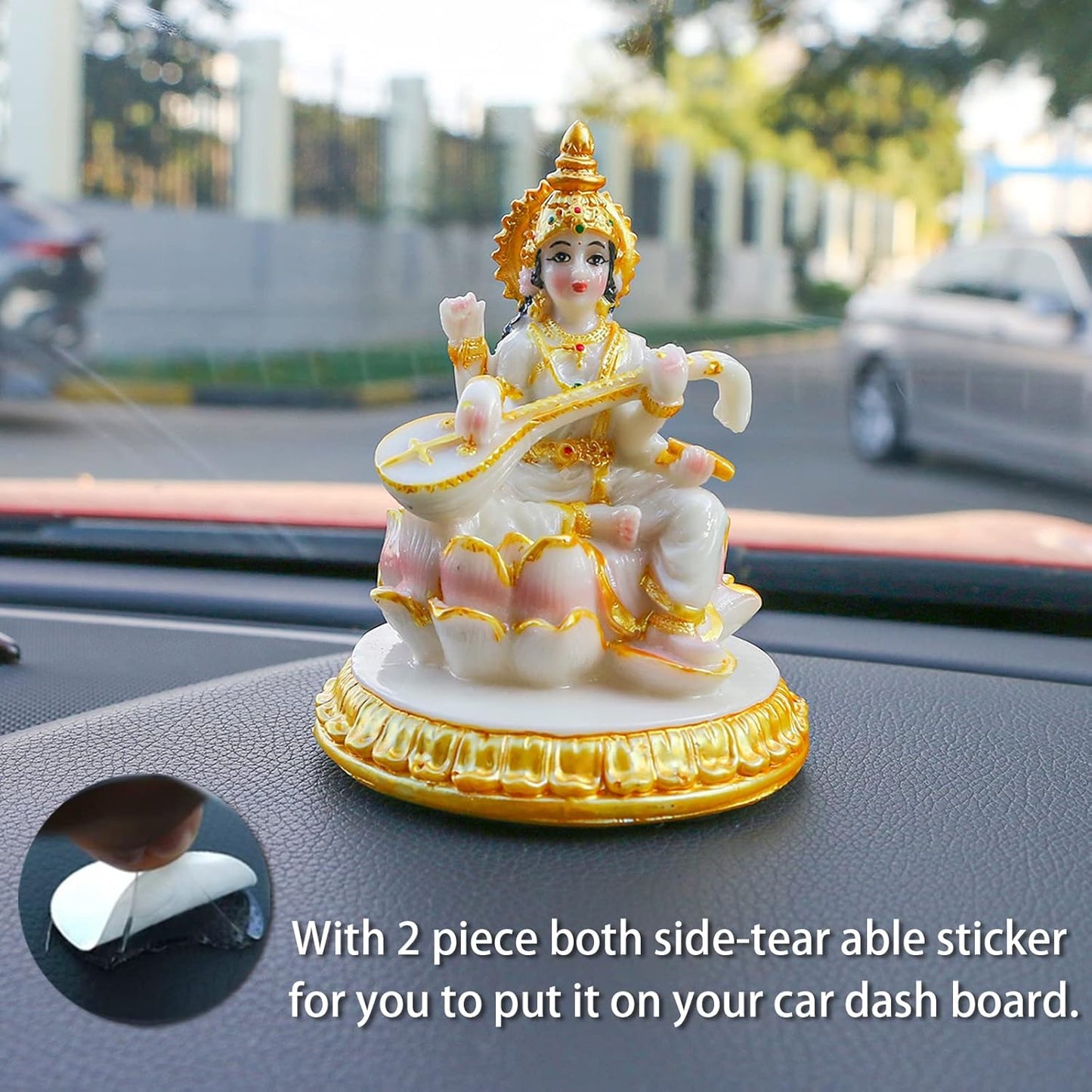 Small Hindu Goddess Saraswati Statue - 3.9”H Marble Look Saraswati Figurine for Car Dashboard India Idol Buddha Statue Home Office Mandir Temple Pooja Item Diwali Puja Gifts