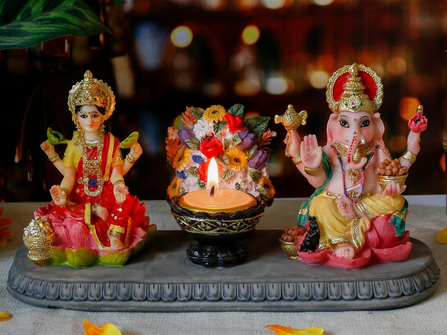 Indian God Ganesha Lakshmi Statue - 8.1”L Hindu God Ganesh Laxmi with Diya Diwali Gift for Indian Friends Man Woman Pooja Home Office Altar Mandir Temple Puja Item Housewarming Gifts