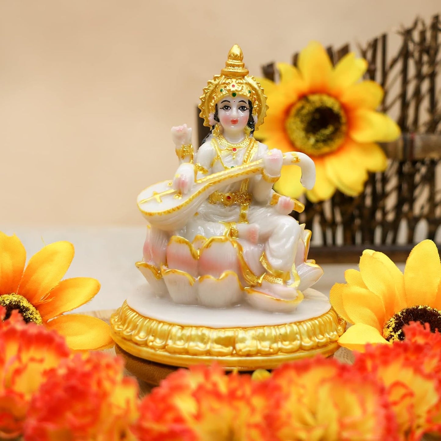 Small Hindu Goddess Saraswati Statue - 3.9”H Marble Look Saraswati Figurine for Car Dashboard India Idol Buddha Statue Home Office Mandir Temple Pooja Item Diwali Puja Gifts