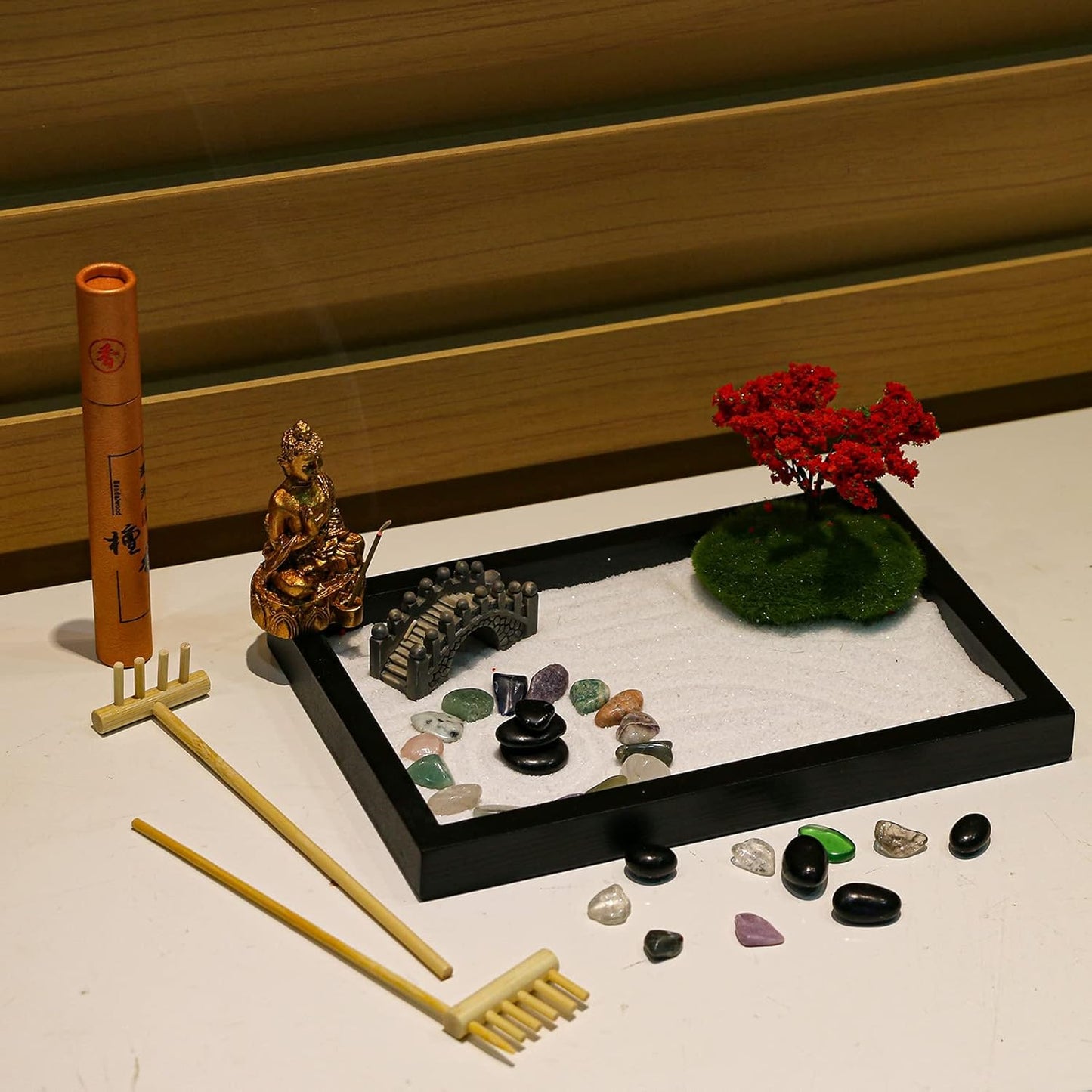 Mini Meditation Zen Garden Kit - Japanese Tabletop Rock Sand Chakra Buddha Zen Garden Home Office Desk Zen Decor Zen Gifts for Father Mother Birthday Gifts Sandbox w/Rake Tool Accessories Bonsai