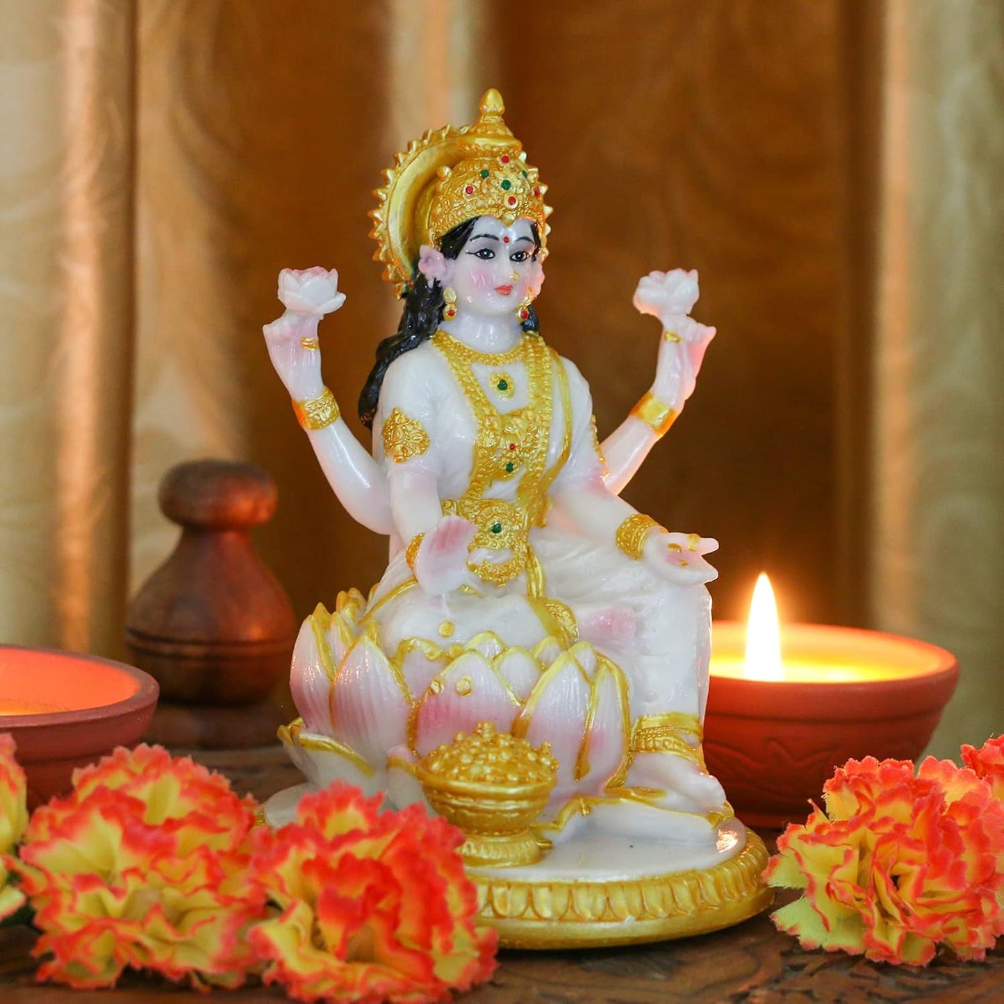 Indian Goddess Meditation Lakshmi Figurine - 5.7”H Marble Look Murti Laxmi Idol Statue for Home Office Temple Mandir Pooja Item Puja Decor Diwali Gifts Indian Spiritual Decor Gift