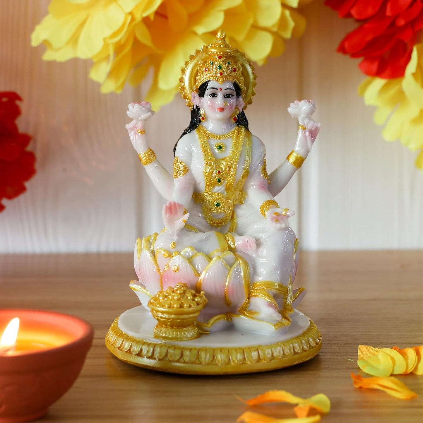 Indian Goddess Meditation Lakshmi Figurine - 5.7”H Marble Look Murti Laxmi Idol Statue for Home Office Temple Mandir Pooja Item Puja Decor Diwali Gifts Indian Spiritual Decor Gift